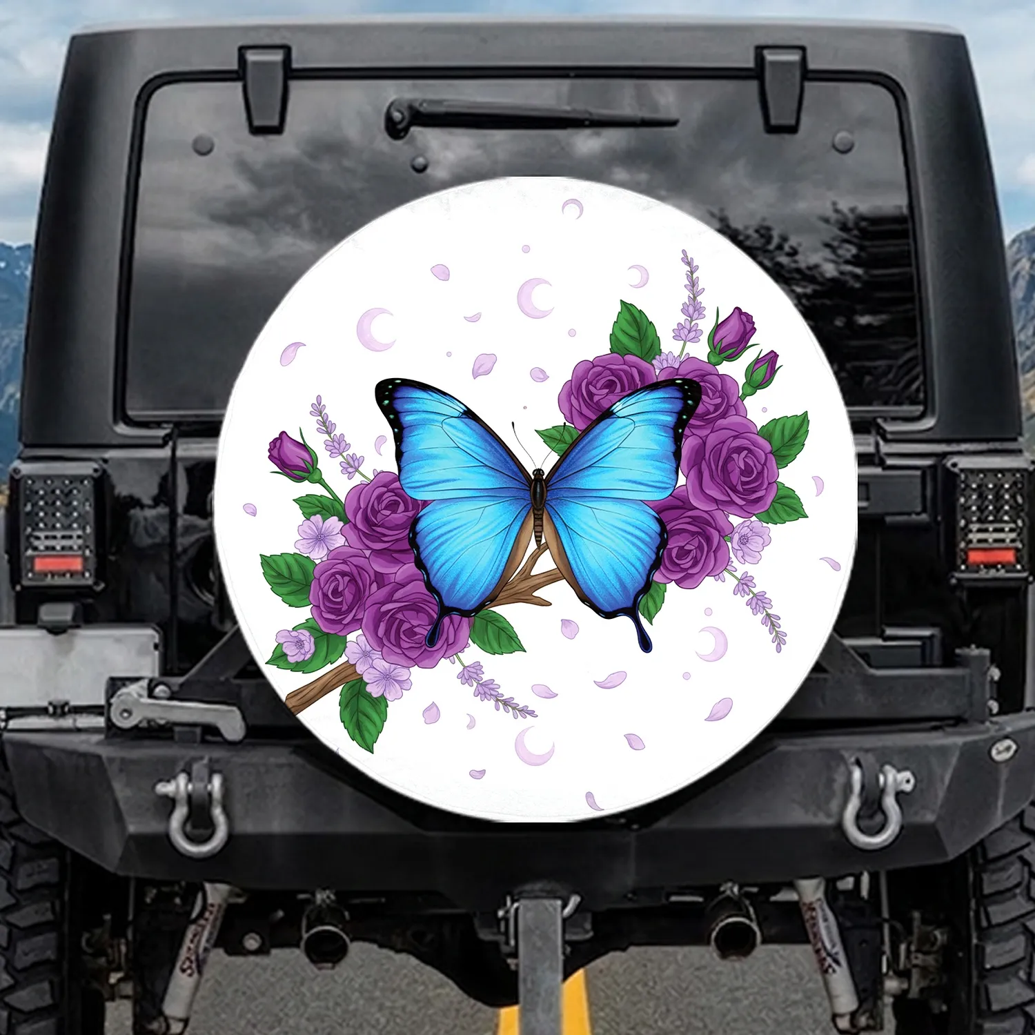 Blue Morpho Butterfly Purple Roses Crescent Moon - Wildlife Lover Gift Spare Tire Cover - 1
