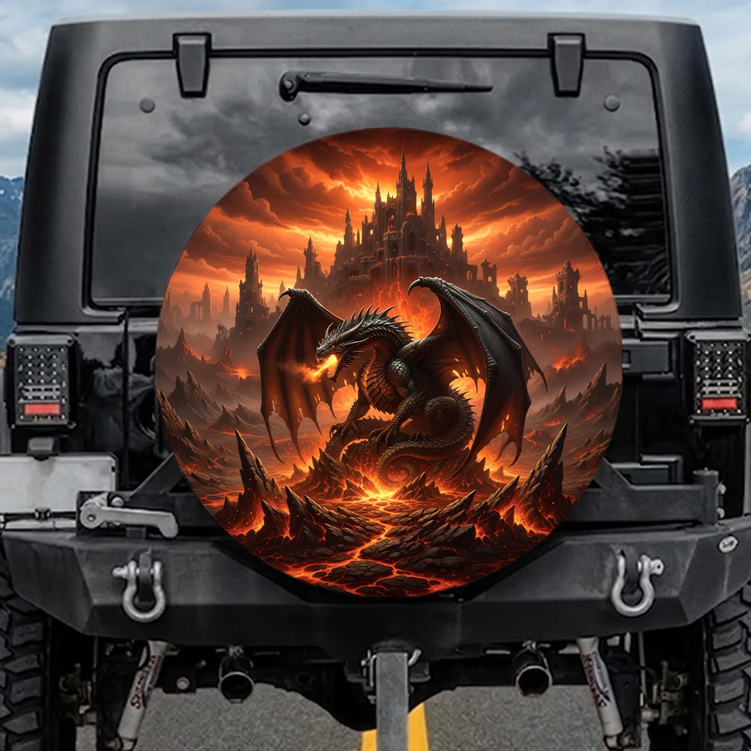 Colossal Fire Breathing Dragon Volcanic Landscape - Adventure Lover Gift for Fantasy Fans Spare Tire Cover - 1