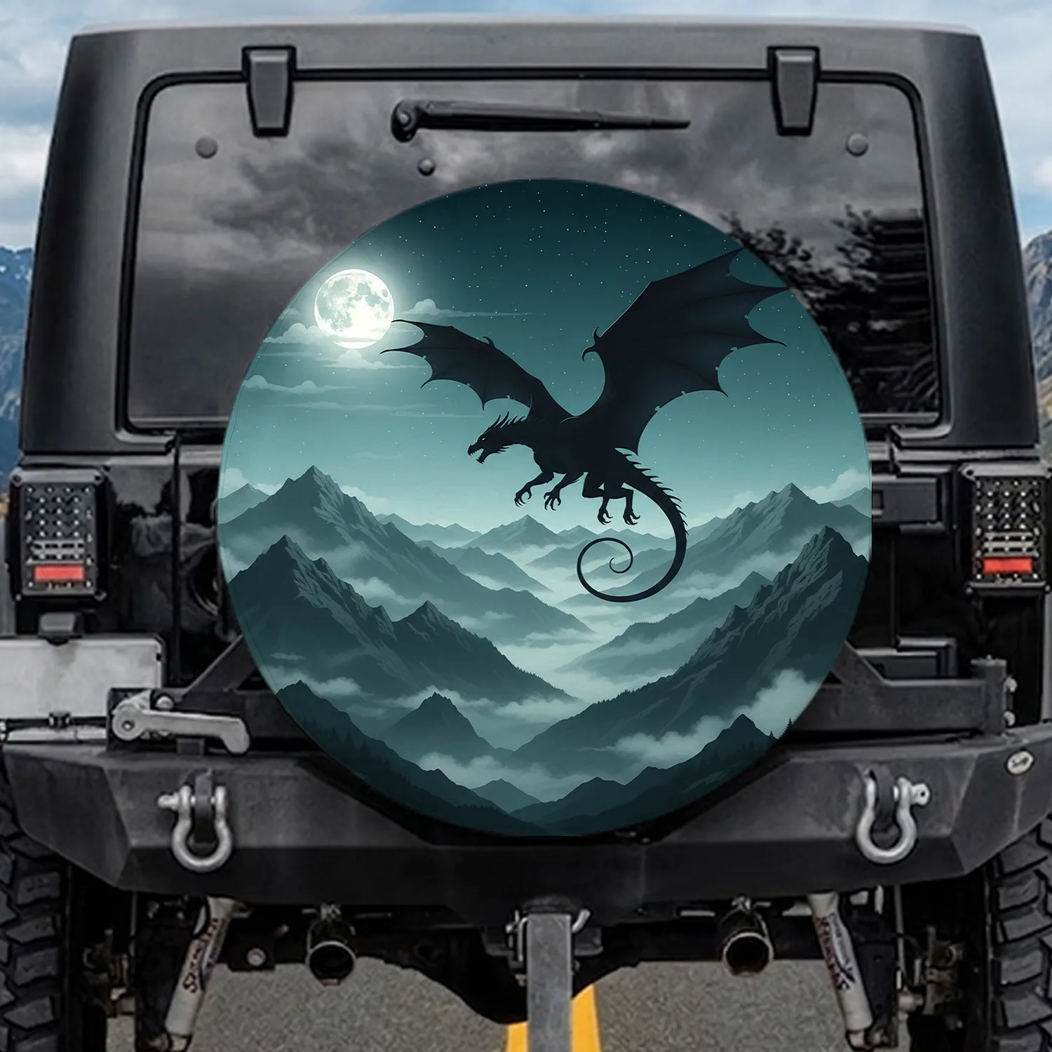 Majestic Dark Dragon Wings Night Sky Full Moon Mountain Peaks - Fantasy Lover Gift Spare Tire Cover - 1