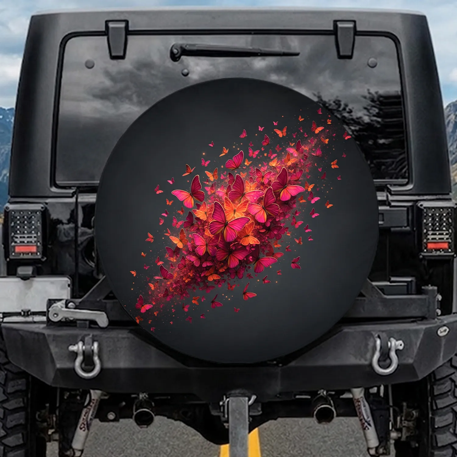 Fuchsia Magenta Orange-Red Butterfly Swarm Realistic Flying - Nature Lover Car Decor Gift Spare Tire Cover - 1
