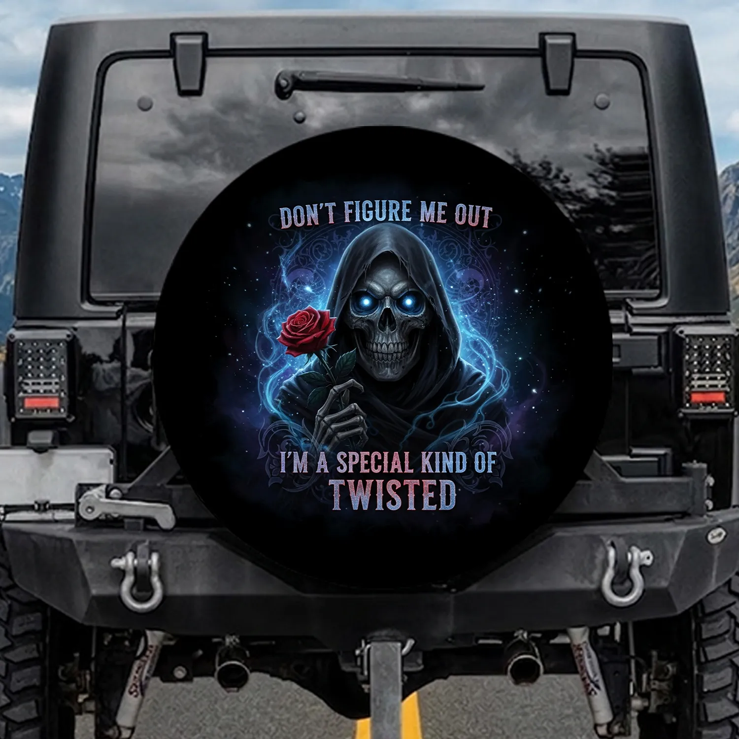 Grim Reaper Skull Red Rose Twisted Text - Gothic Style Accent for Dark Fantasy Lover Spare Tire Cover - 1