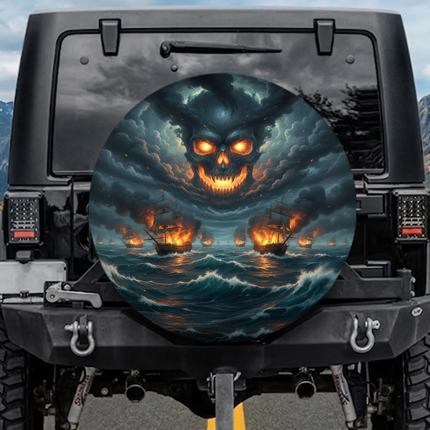 Colossal Fiery Skull Storm Warships Seascape - Dark Fantasy Home Decor Gift Spare Tire Cover - 1