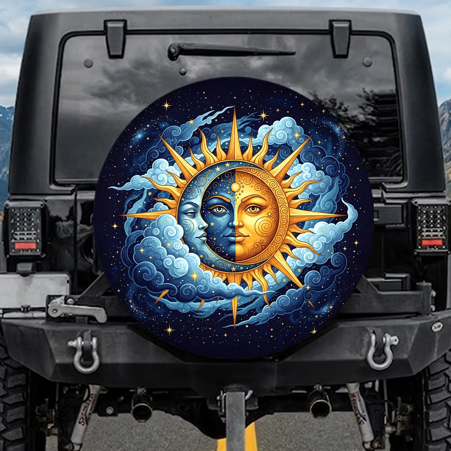 Radiant Sun Moon Celestial Night Sky - Home Decor Gift for Celestial Lover Spare Tire Cover - 1