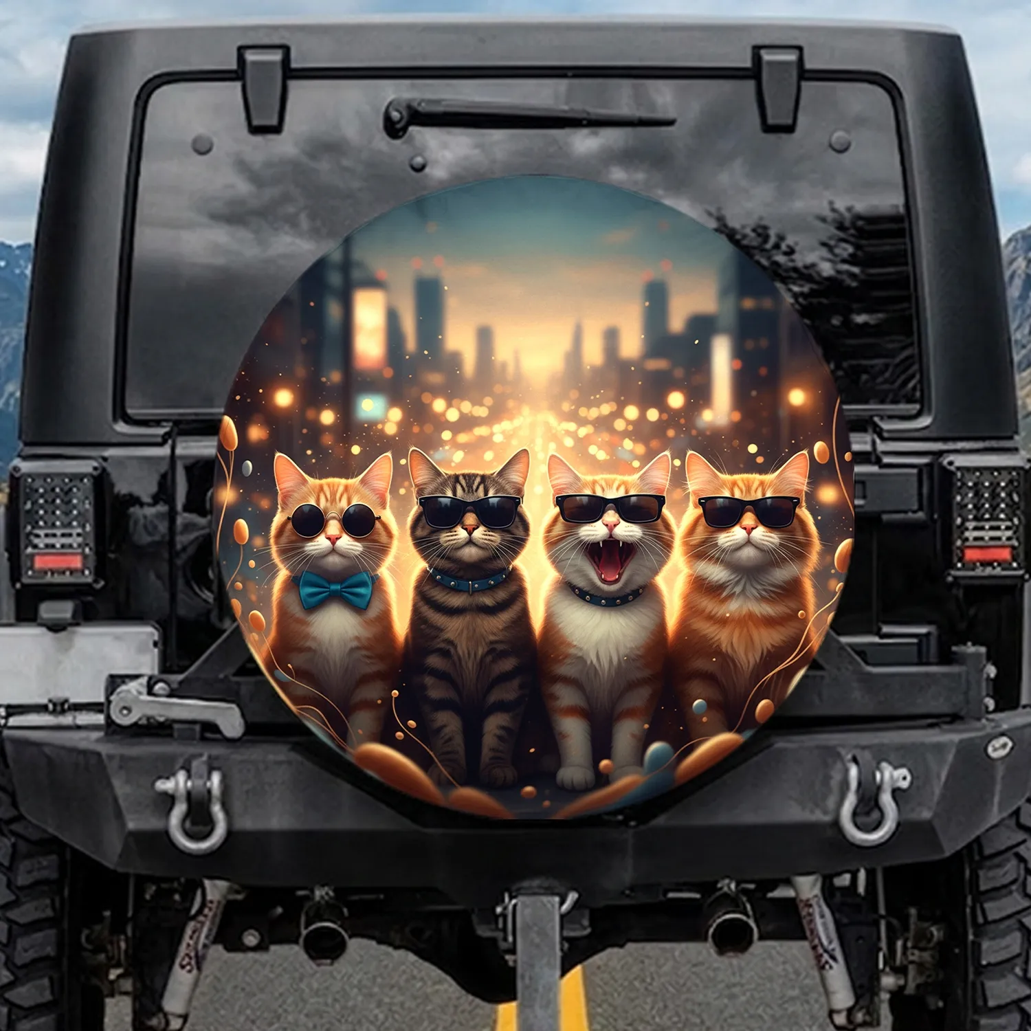 Four Humorous Realistic Tabby Cats Sunglasses Bow Tie Yawning - Cat Lover Gift Spare Tire Cover - 1