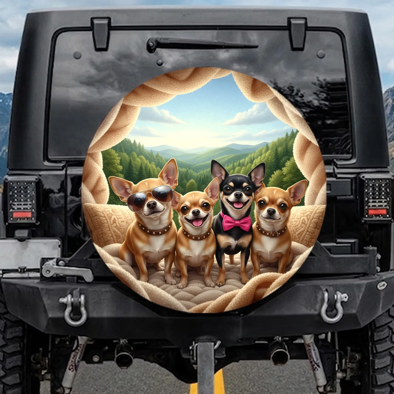 Five Playful Chihuahua Dogs Scenic Landscape - Chihuahua Lover Gift Spare Tire Cover - 1