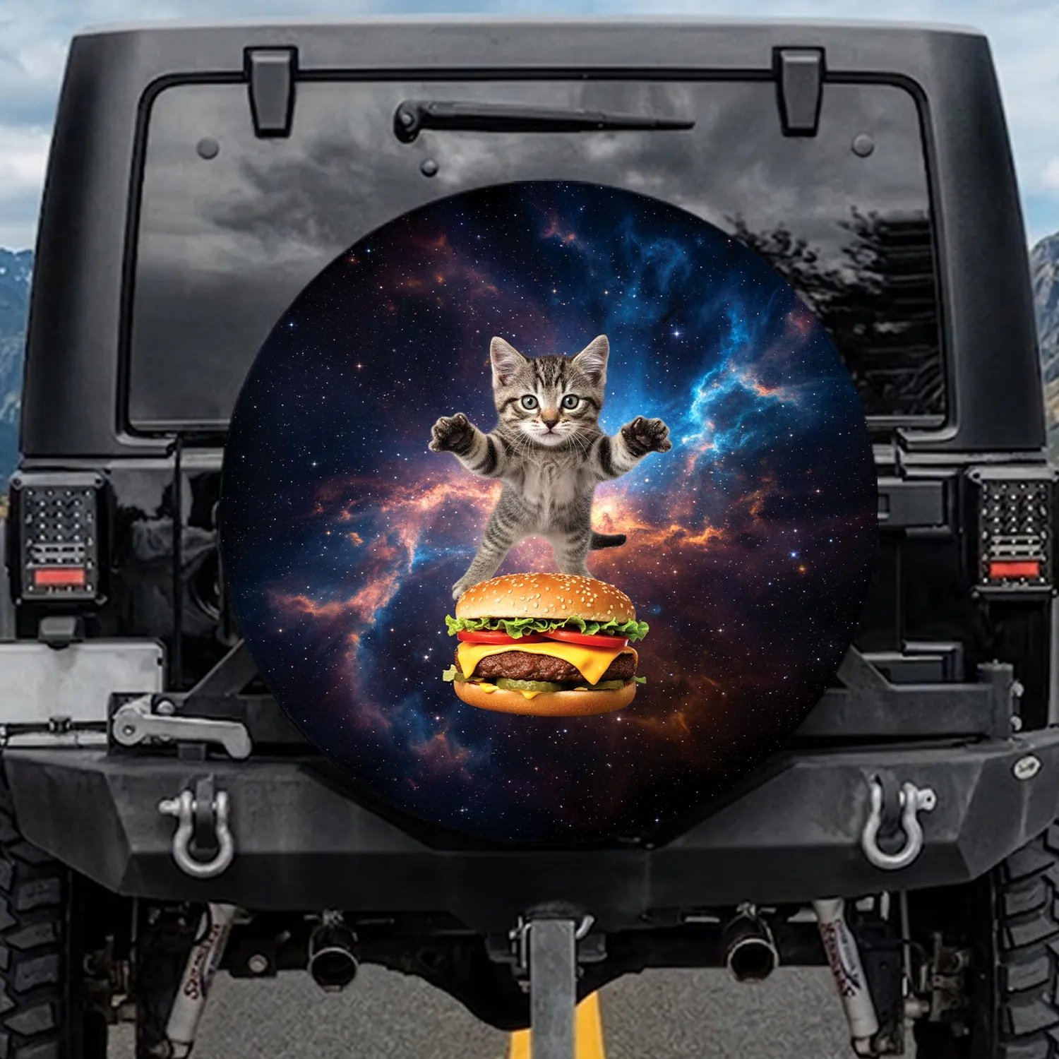 Floating Tabby Kitten Cheeseburger Cosmic Nebulae Stars - Cat Lover Gift Spare Tire Cover - 1