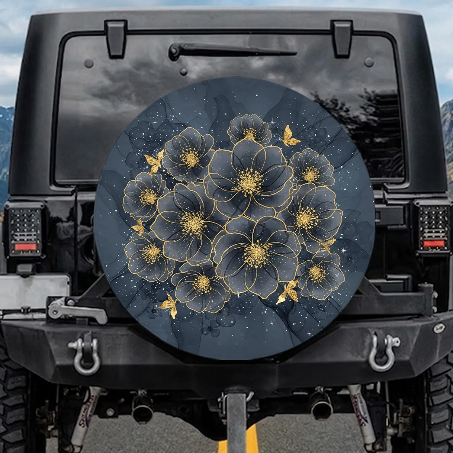 Ethereal Black Indigo Flowers Golden Butterfly Star Speckles - Home Decor Gift Spare Tire Cover - 1