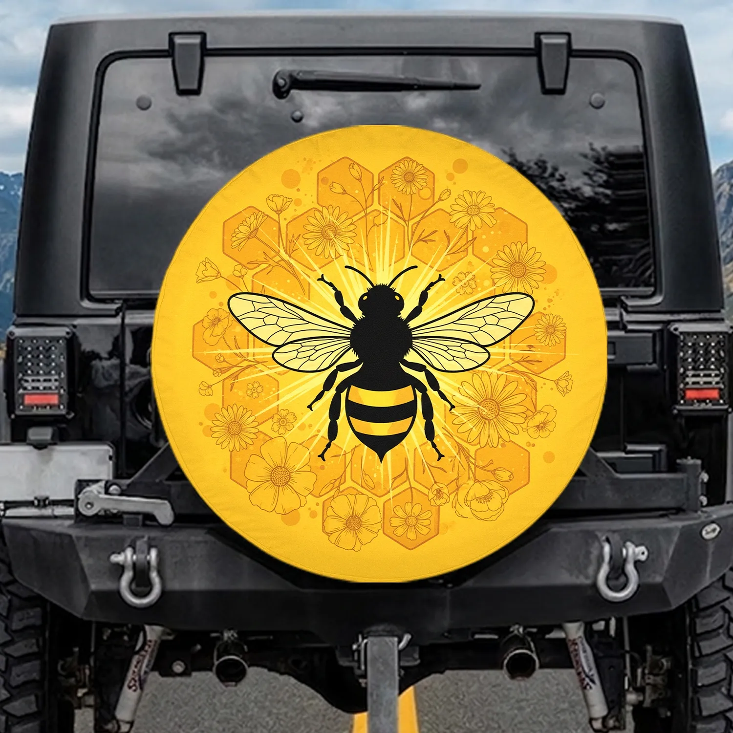 Black Bee Bright Yellow Stripe Golden Honeycomb Wildflower - Nature Lover Gift Spare Tire Cover - 1
