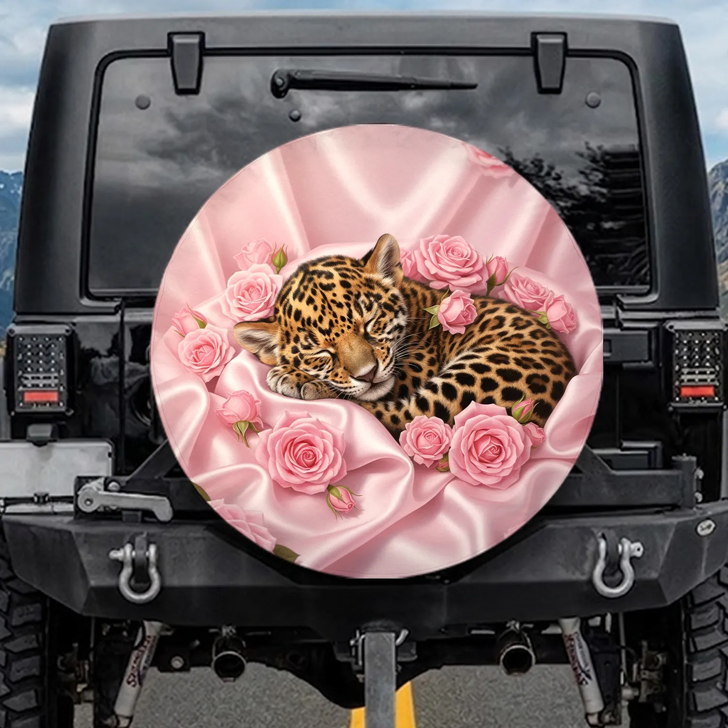 Curled Sleeping Baby Jaguar Cub Pink Roses Satin - Wildlife Lover Gift Spare Tire Cover - 1