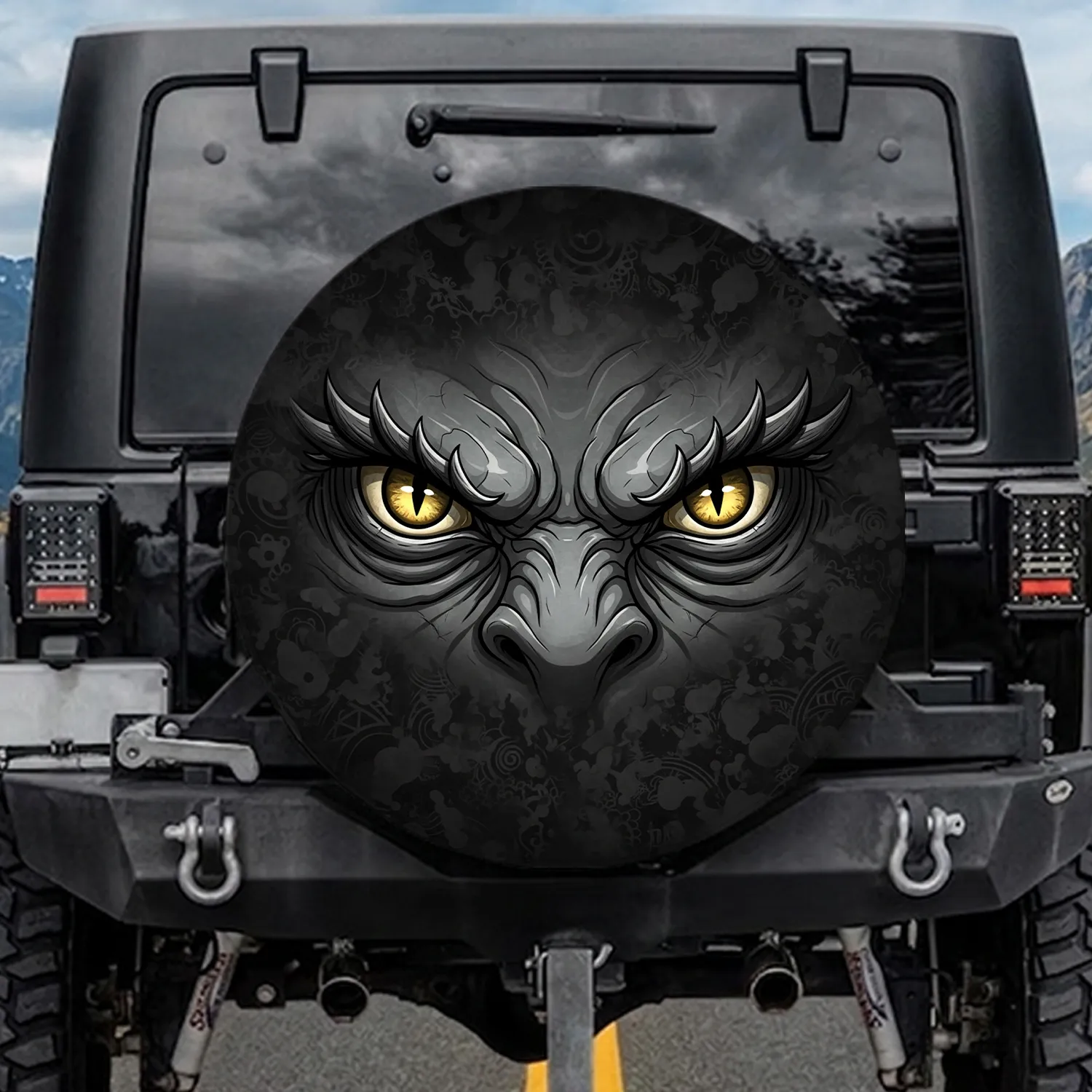 Menacing Creature Face Furrowed Brow Grey Skin Yellowish Irises - Wildlife Lover Gift Spare Tire Cover - 1