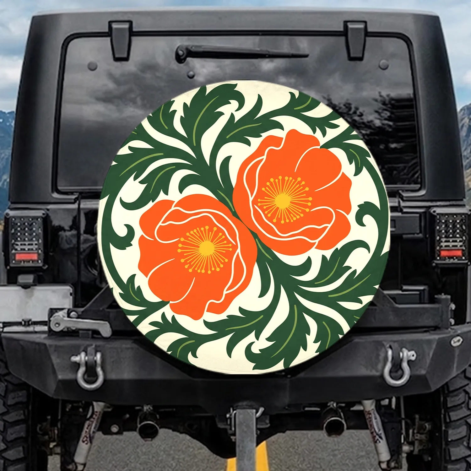 Orange Poppy Golden Stamen Dark Green Leaves - Botanical Home Decor Gift Spare Tire Cover - 1