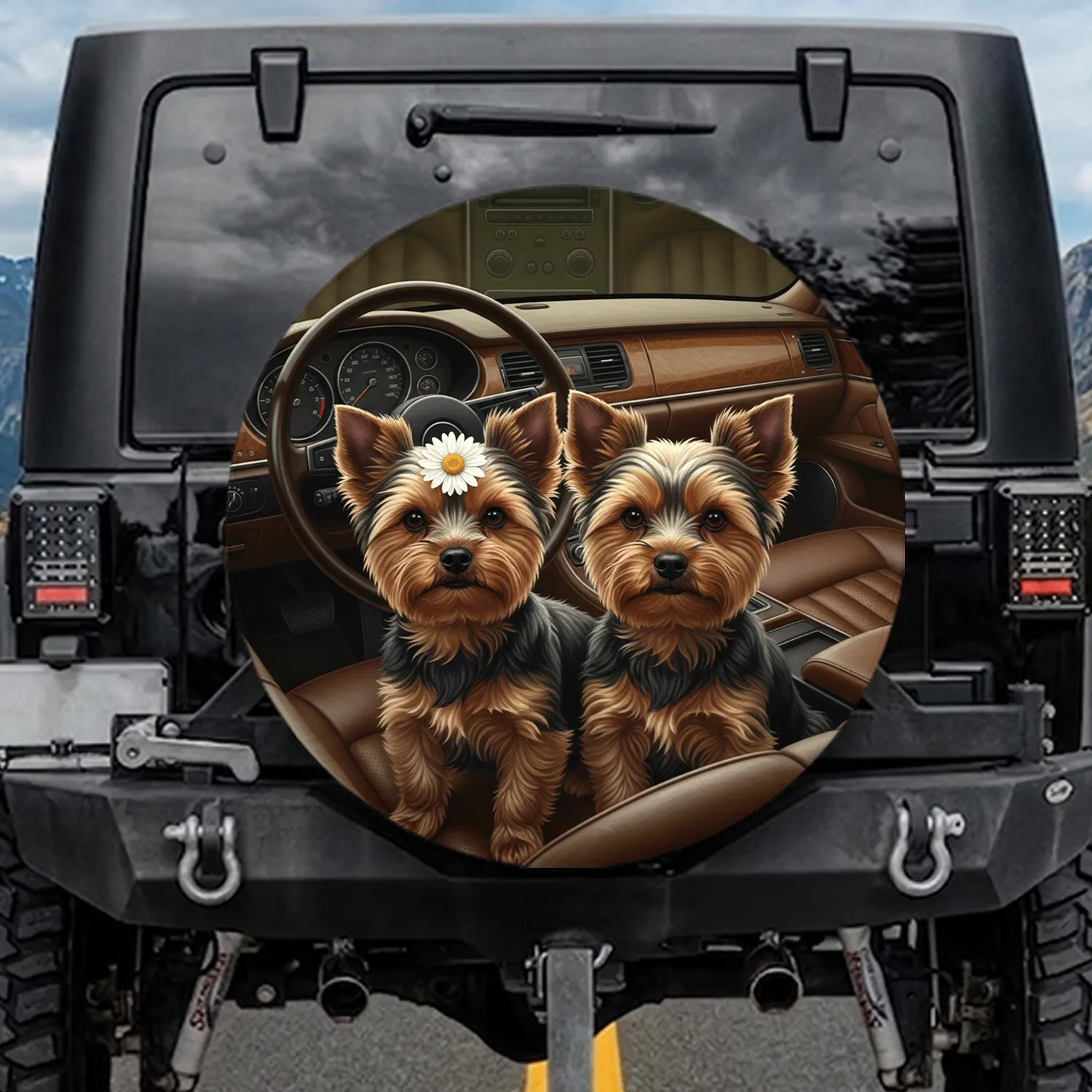 Yorkshire Terriers White Flower Luxury Car Interior - Pet Lover Vehicle Decor Spare Tire Cover - 1