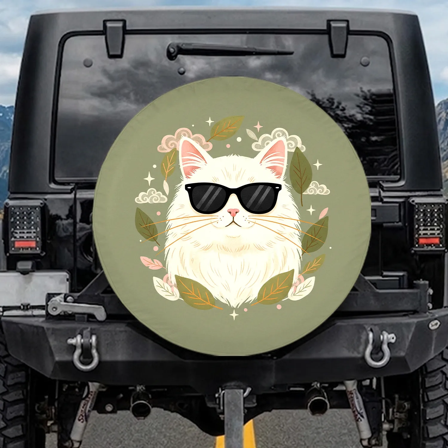 Fluffy White Cat Black Sunglasses Whiskers - Cat Lover Everyday Gift Spare Tire Cover - 1
