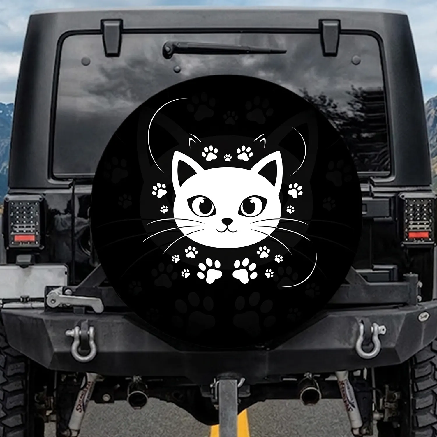 Black Cat Wide Eyes Whiskers Paw Prints Feline Accents - Cat Lover Home Decor Gift Spare Tire Cover - 1