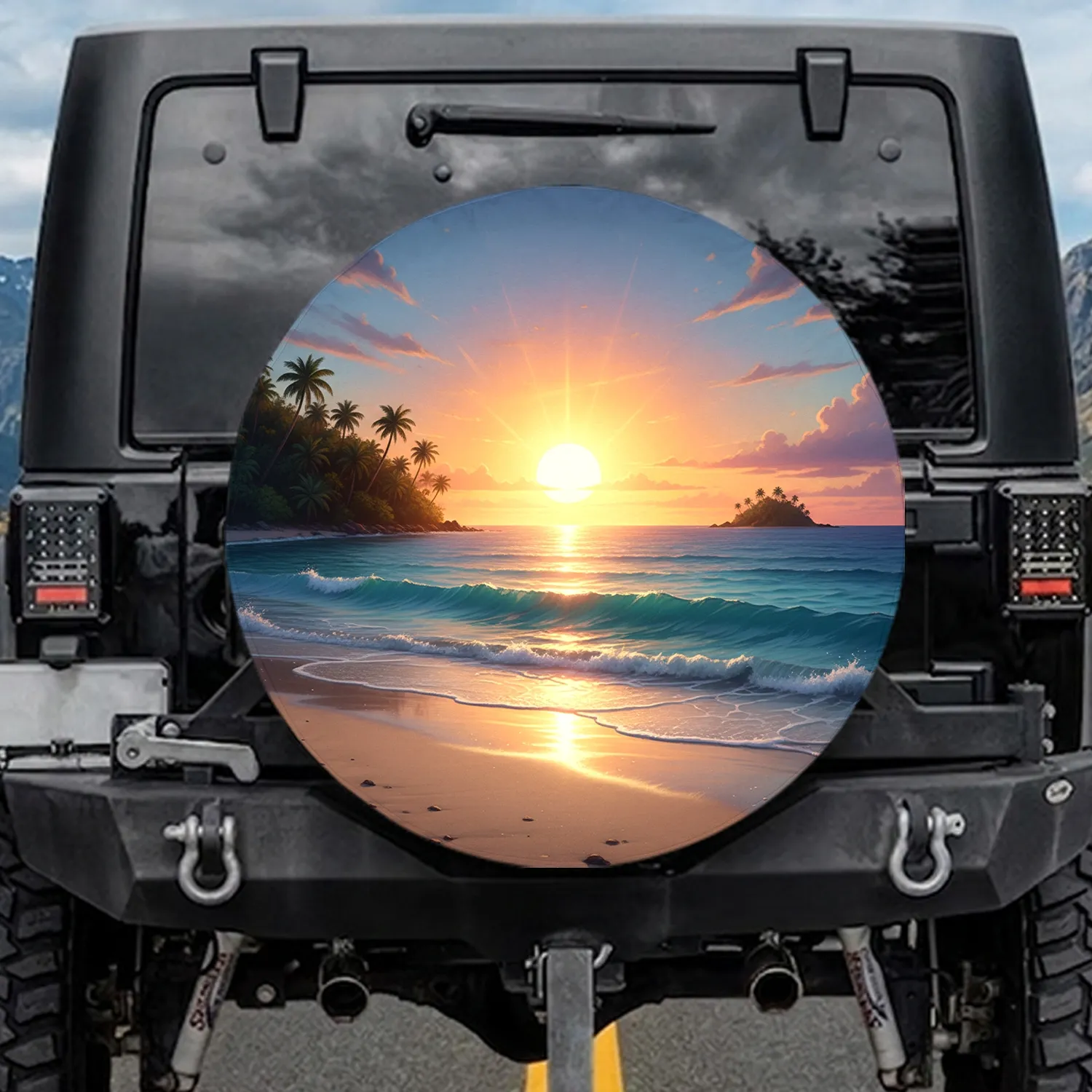 Setting Sun Tropical Ocean Beach Palm Trees Island Twilight Sky - Coastal Living Gift Spare Tire Cover - 1