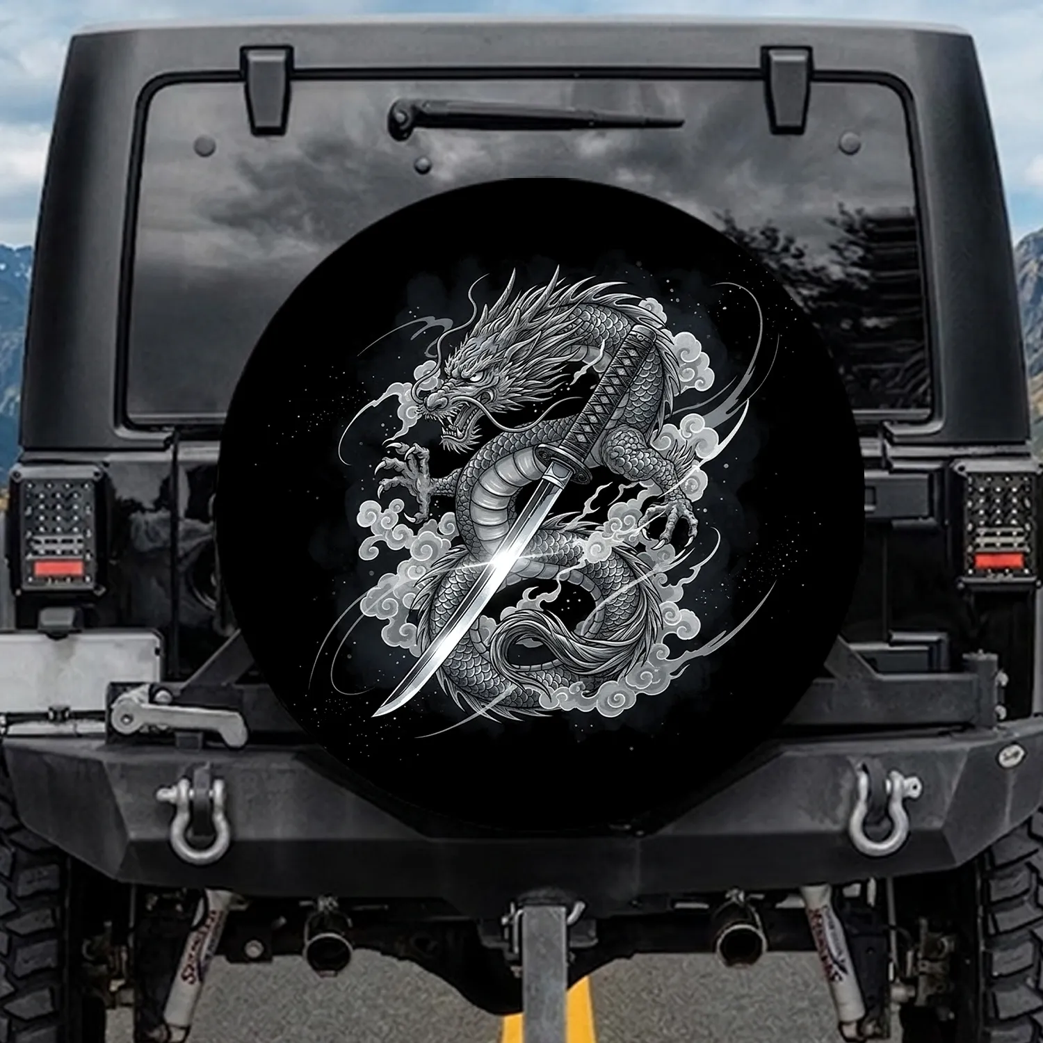 Gleaming Japanese Dragon Katana Sword Coiled Clouds - Road Trip Essential for Fantasy Lover Spare Tire Cover - 1