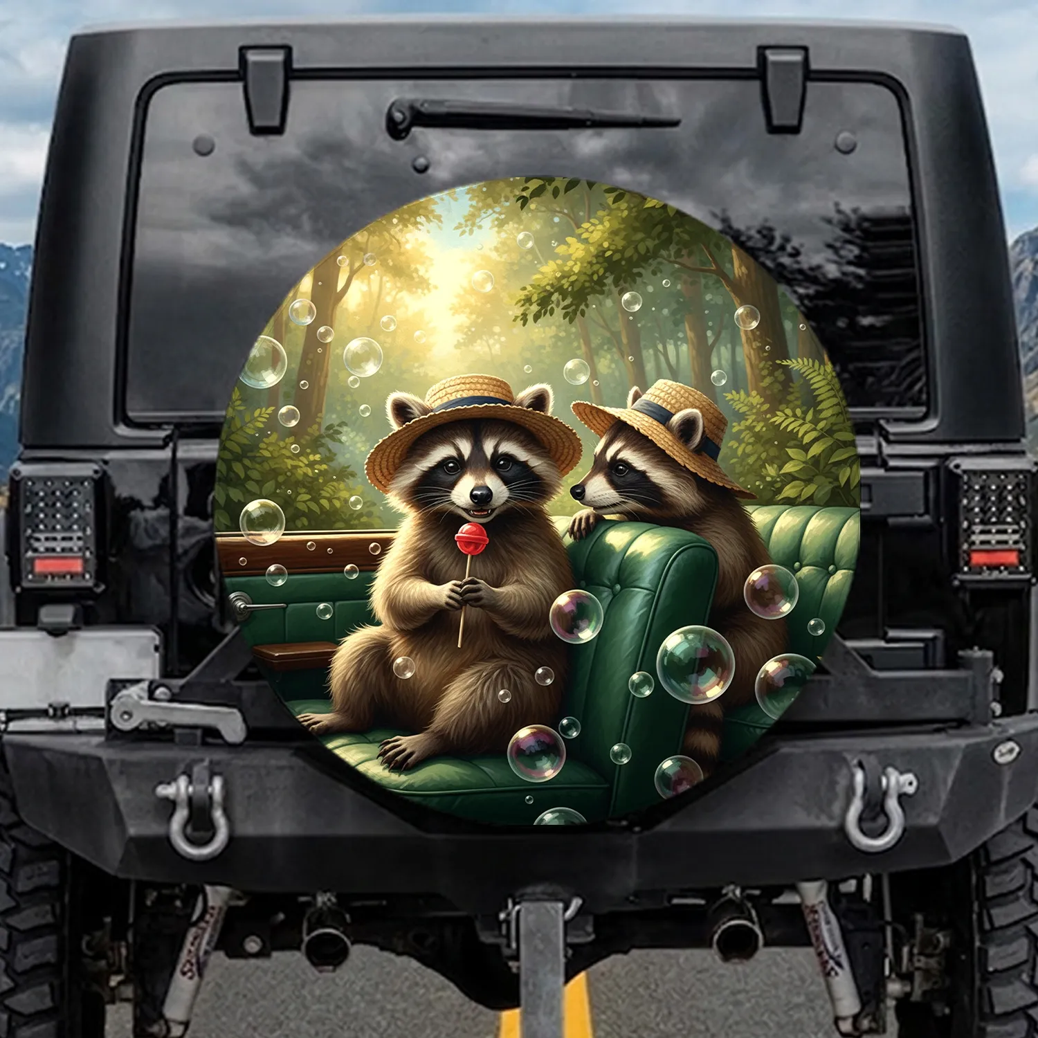 Raccoons Straw Hats Lollipop Vintage Car Woodland Bubbles - Nature Lover Gift Spare Tire Cover - 1