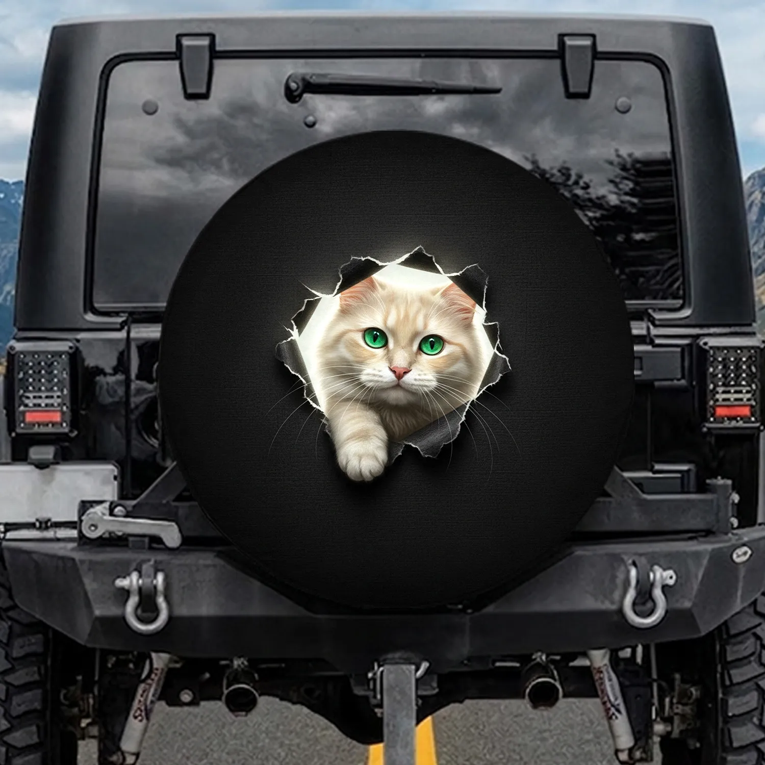 Green Eyed Cat Emerging from Torn Fabric - Home Decor Gift for Cat Lover Spare Tire Cover - 1