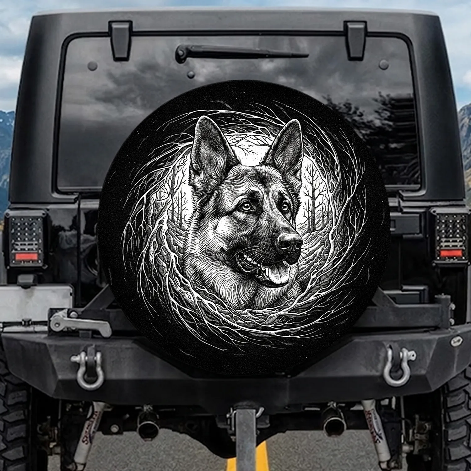 German Shepherd Head Forest Elements - Wildlife Lover Gift for Dog Owner Spare Tire Cover - 1