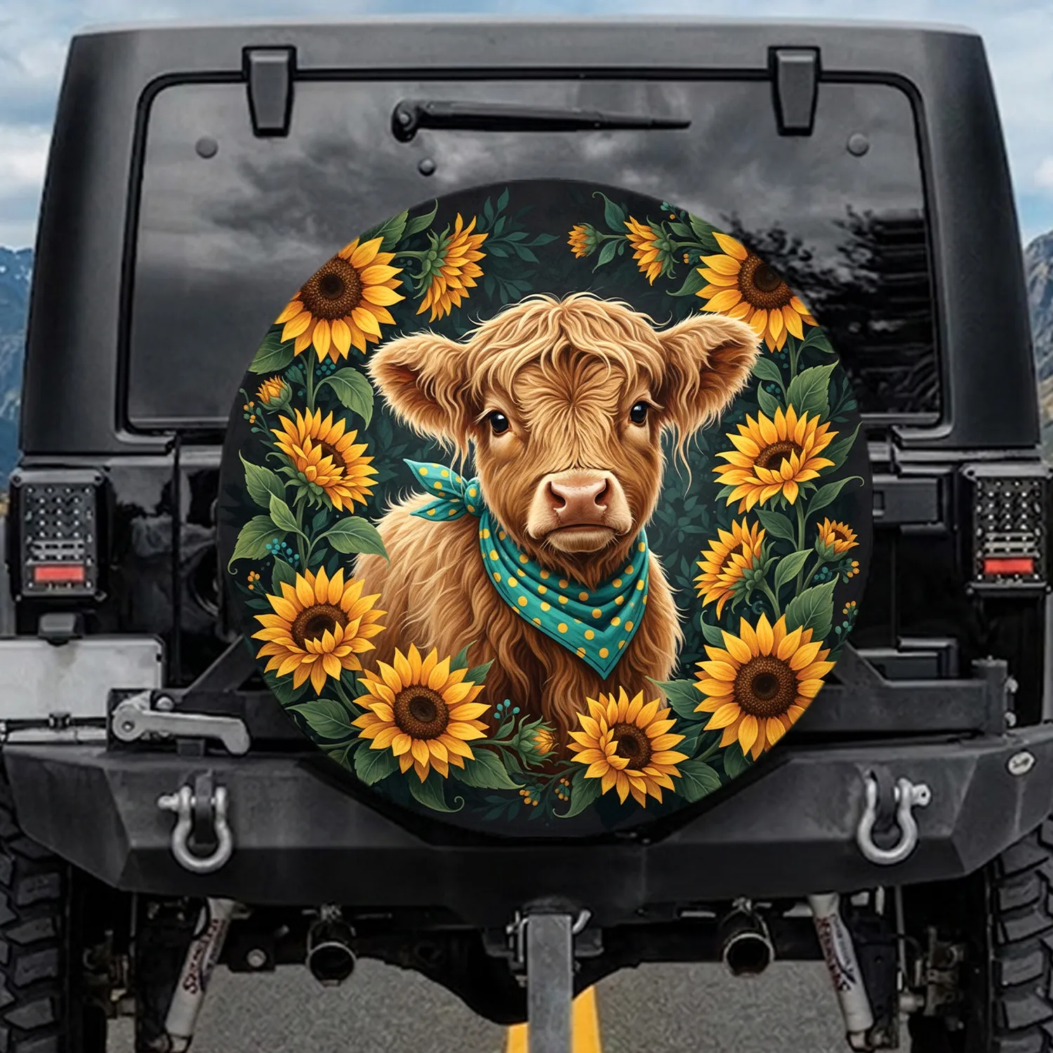 Highland Cow Sunflower Garden Farmhouse Decor - Cow Lover Gift Spare Tire Cover - 1