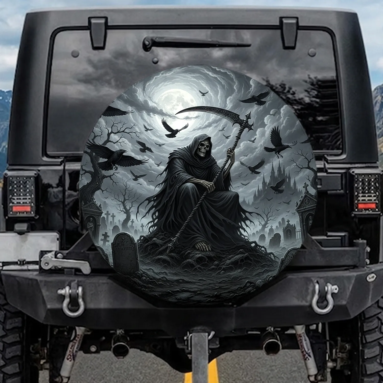 Grim Reaper Scythe Moon Ravens - Gothic Decor Gift for Dark Fantasy Fan Spare Tire Cover - 1
