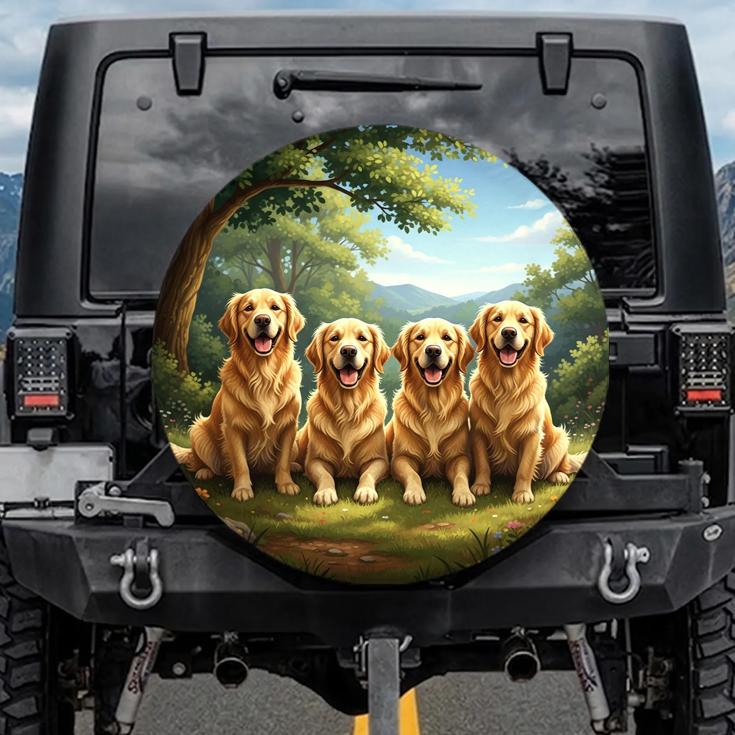 Four Golden Retrievers Side-by-Side Lush Forest Hills Clear Sky - Dog Lover Gift for Pet Owners Spare Tire Cover - 1