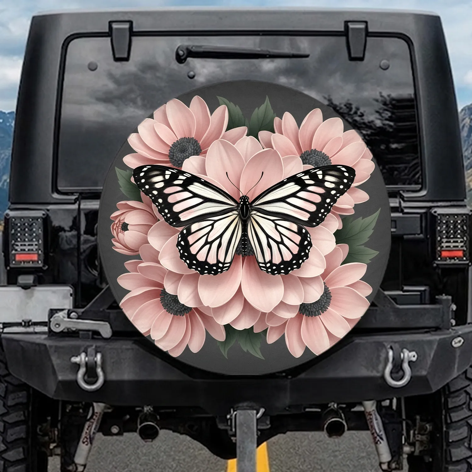 Monarch Butterfly Pink Multi-petal Flowers Foliage - Wildlife Lover Garden Home Decor Spare Tire Cover - 1