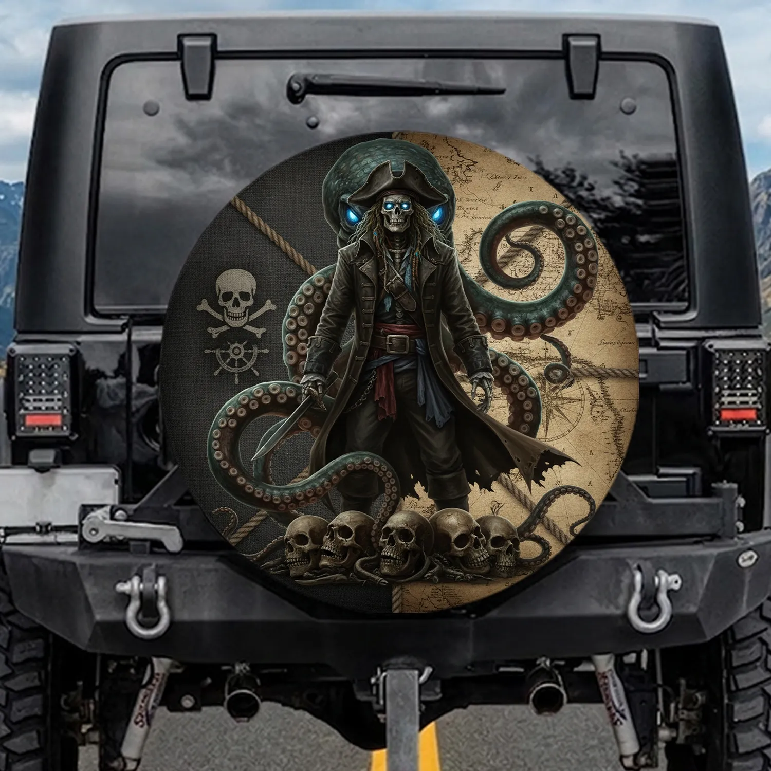 Skeletal Pirate Kraken Octopus - Nautical Adventure Seeker Gift Spare Tire Cover - 1