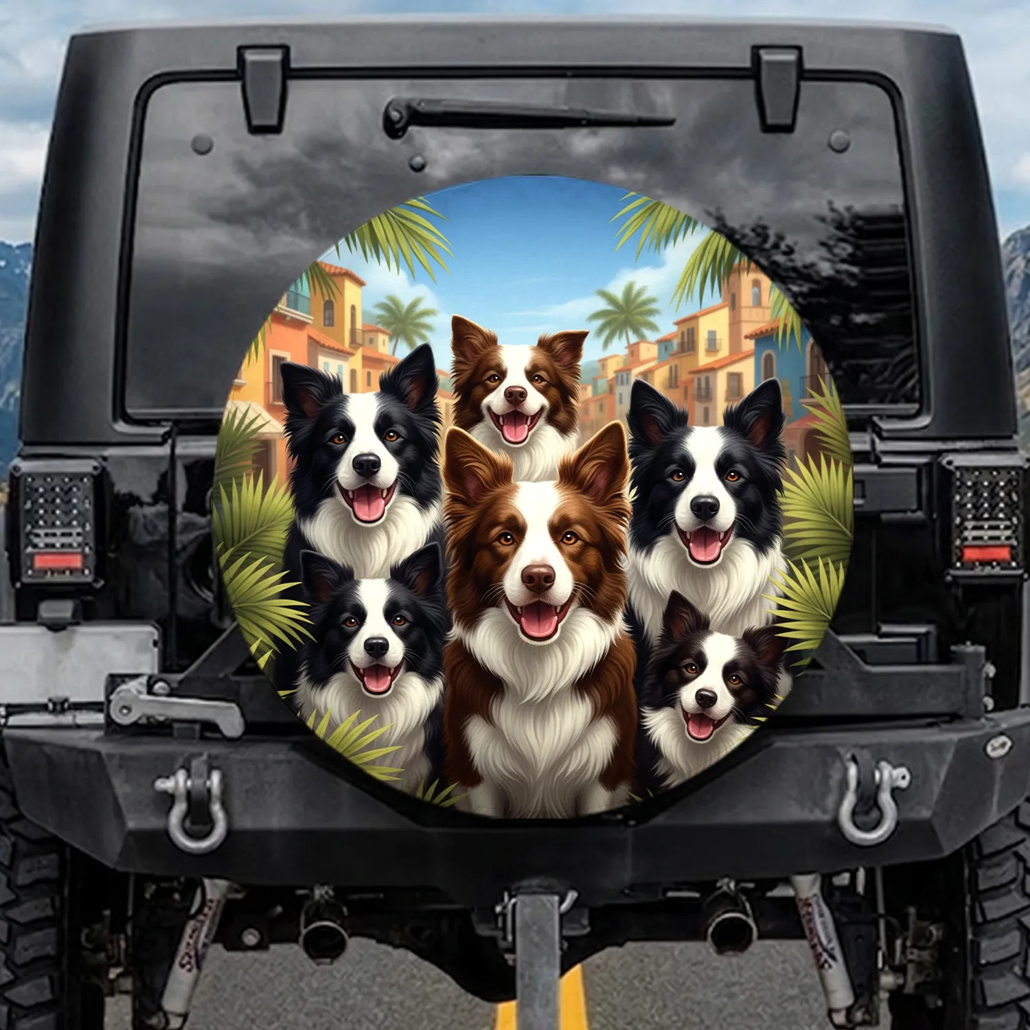 Black White Brown Border Collies Tropical Town - Dog Lover Gift for Pet Owners Spare Tire Cover - 1