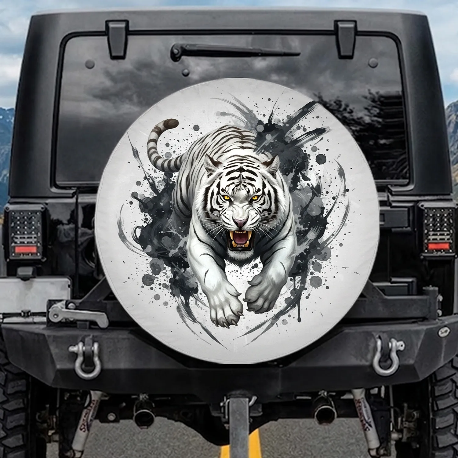 White Tiger Pounce Snarling Fangs Black Stripes Yellow Eyes - Feline Wildlife Lover Gift Spare Tire Cover - 1