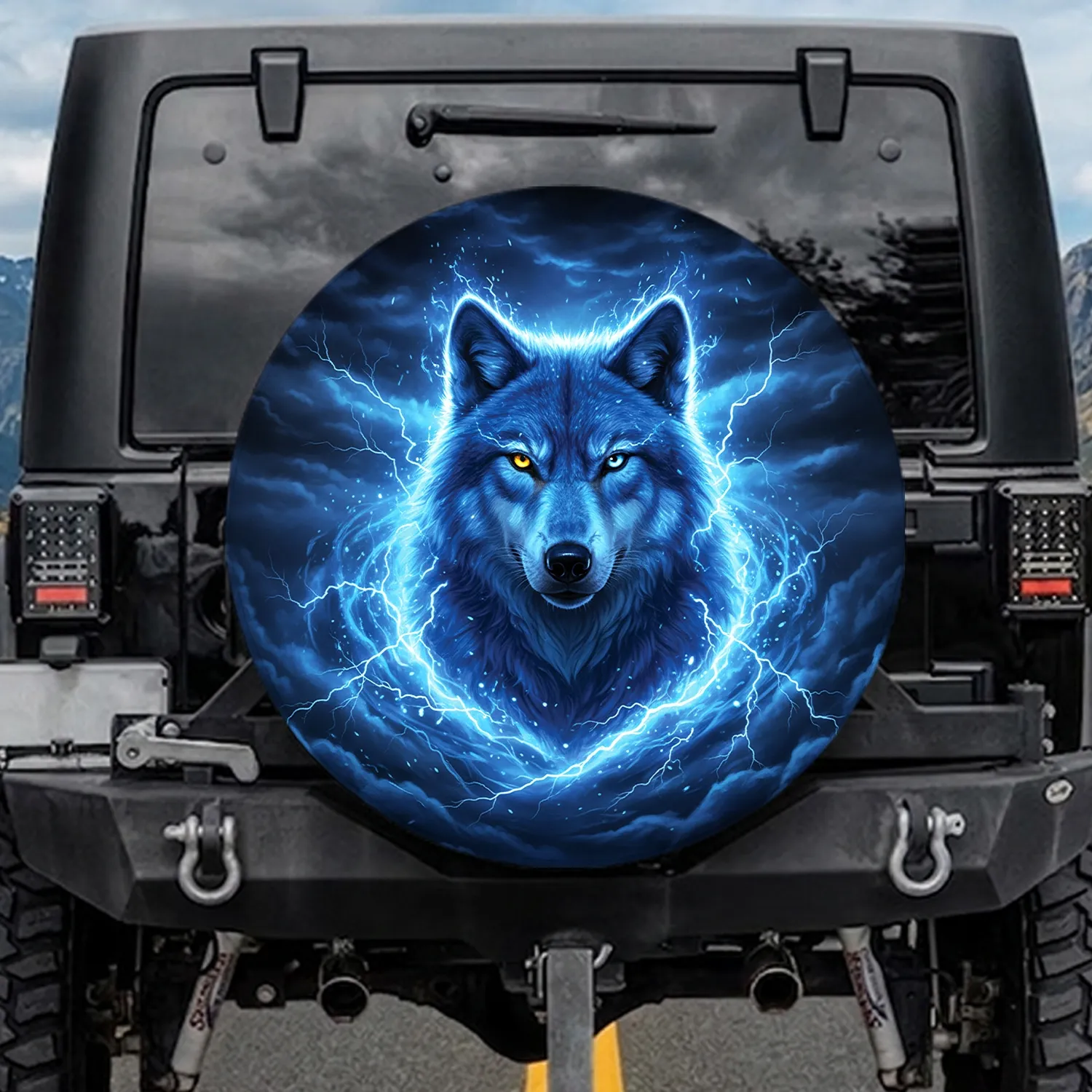 Blue Wolf Heterochromatic Eyes Electric Lightning Storm Clouds - Wildlife Lover Gift Spare Tire Cover - 1