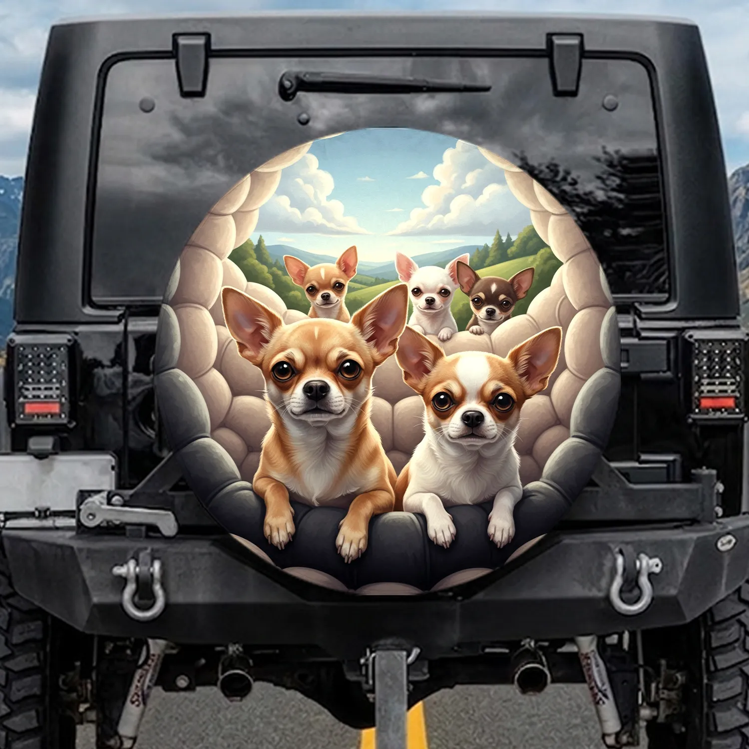 Chihuahua Dog Family Five Dogs Rolling Green Hills Scenic Landscape - Dog Lover Gift Spare Tire Cover - 1