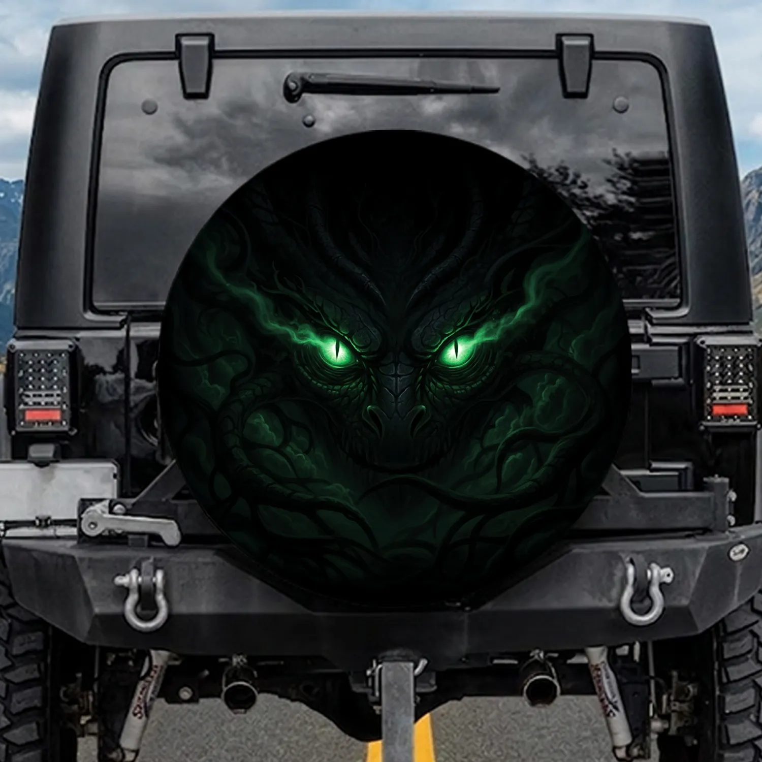 Glowing Green Monster Eyes Shadowy Creature Face - Dark Fantasy Lover Gift Spare Tire Cover - 1