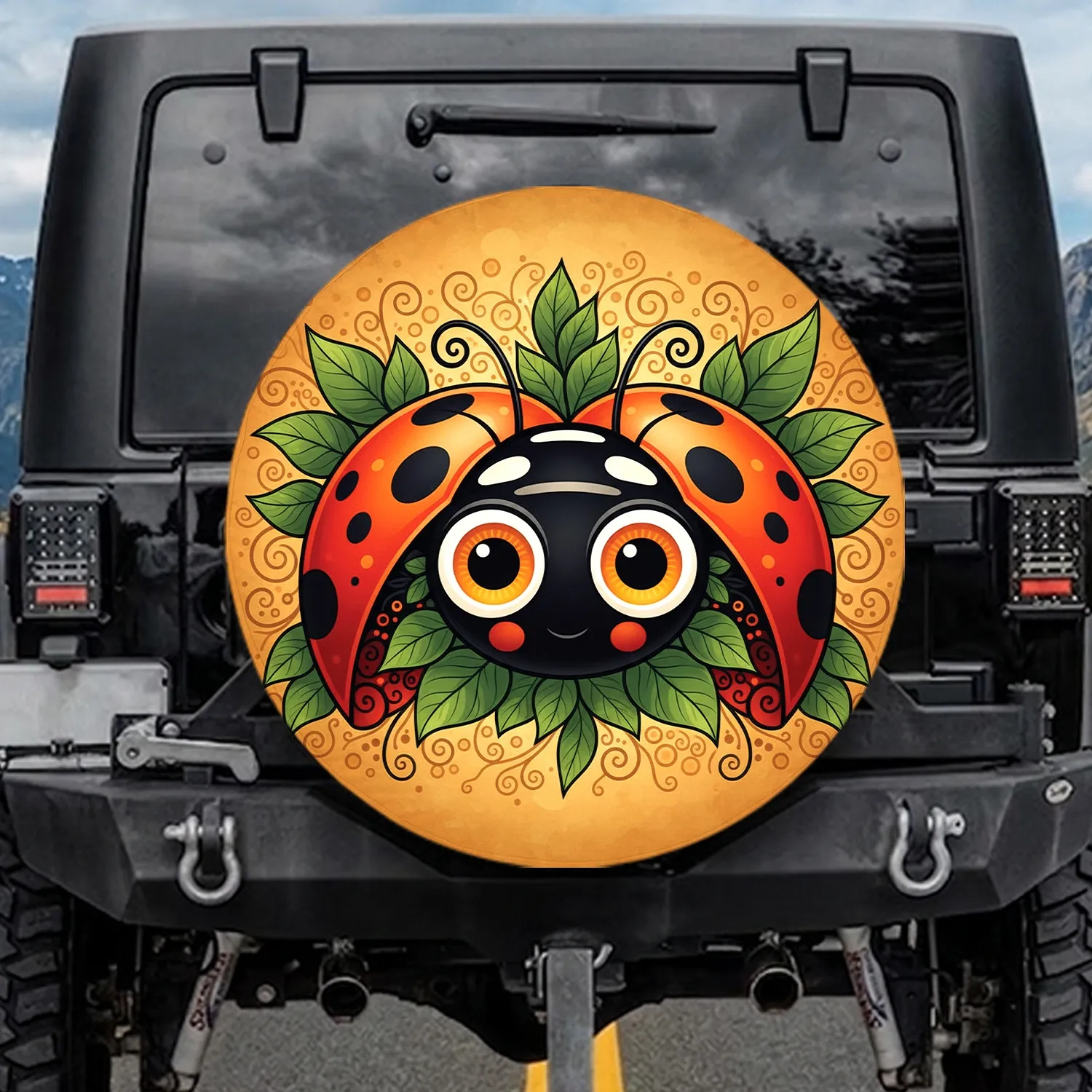 Ladybug Face Red Orange Spots Green Foliage - Wildlife Lover Gift Spare Tire Cover - 1
