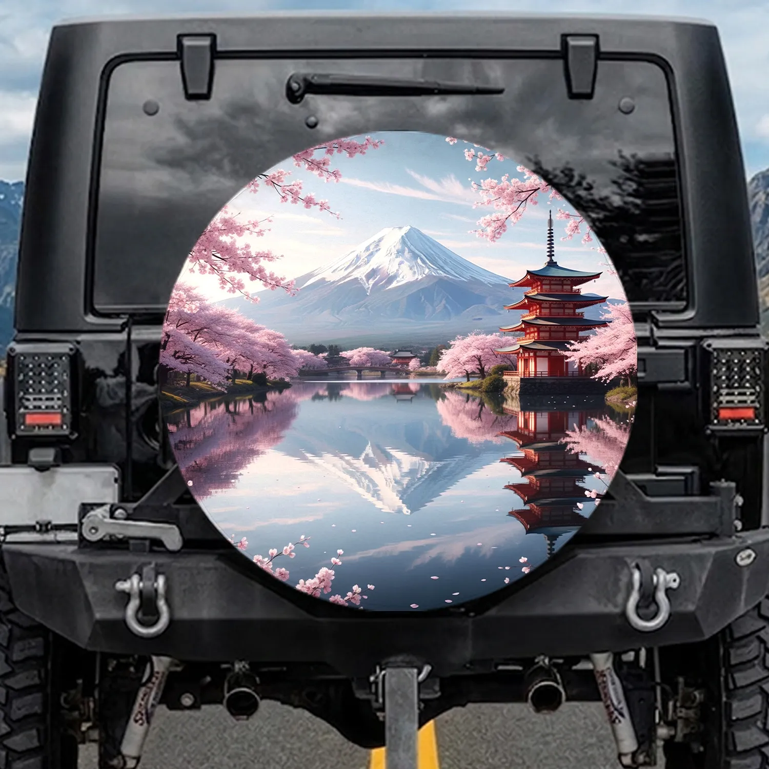 Mount Fuji Japanese Temple Cherry Blossom Lake Reflection - Scenic Travel Gear Spare Tire Cover - 1