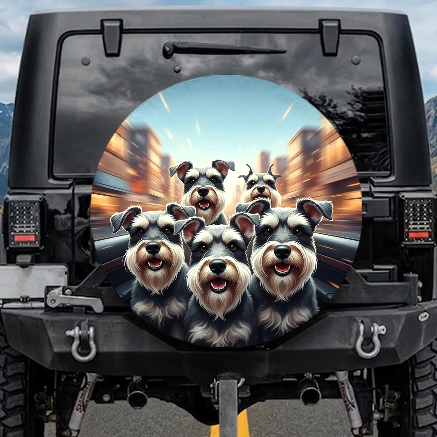 Four Schnauzer Dogs Urban Landscape - Travel Accessory Gift for Dog Owners Spare Tire Cover - 1
