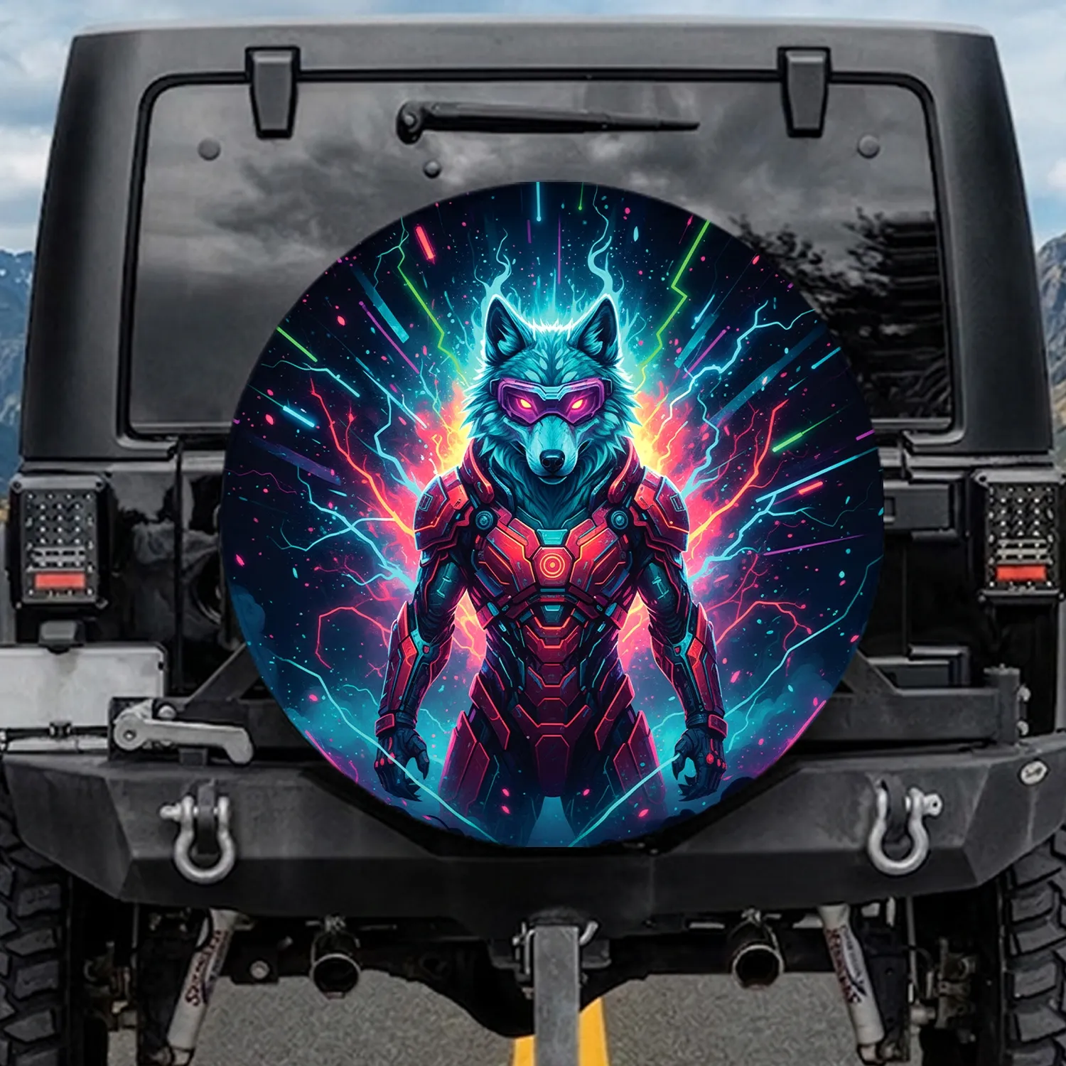 Neon Cybernetic Wolf Futuristic Tech Suit - Sci-Fi Lover Gift for Tech Enthusiasts Spare Tire Cover - 1