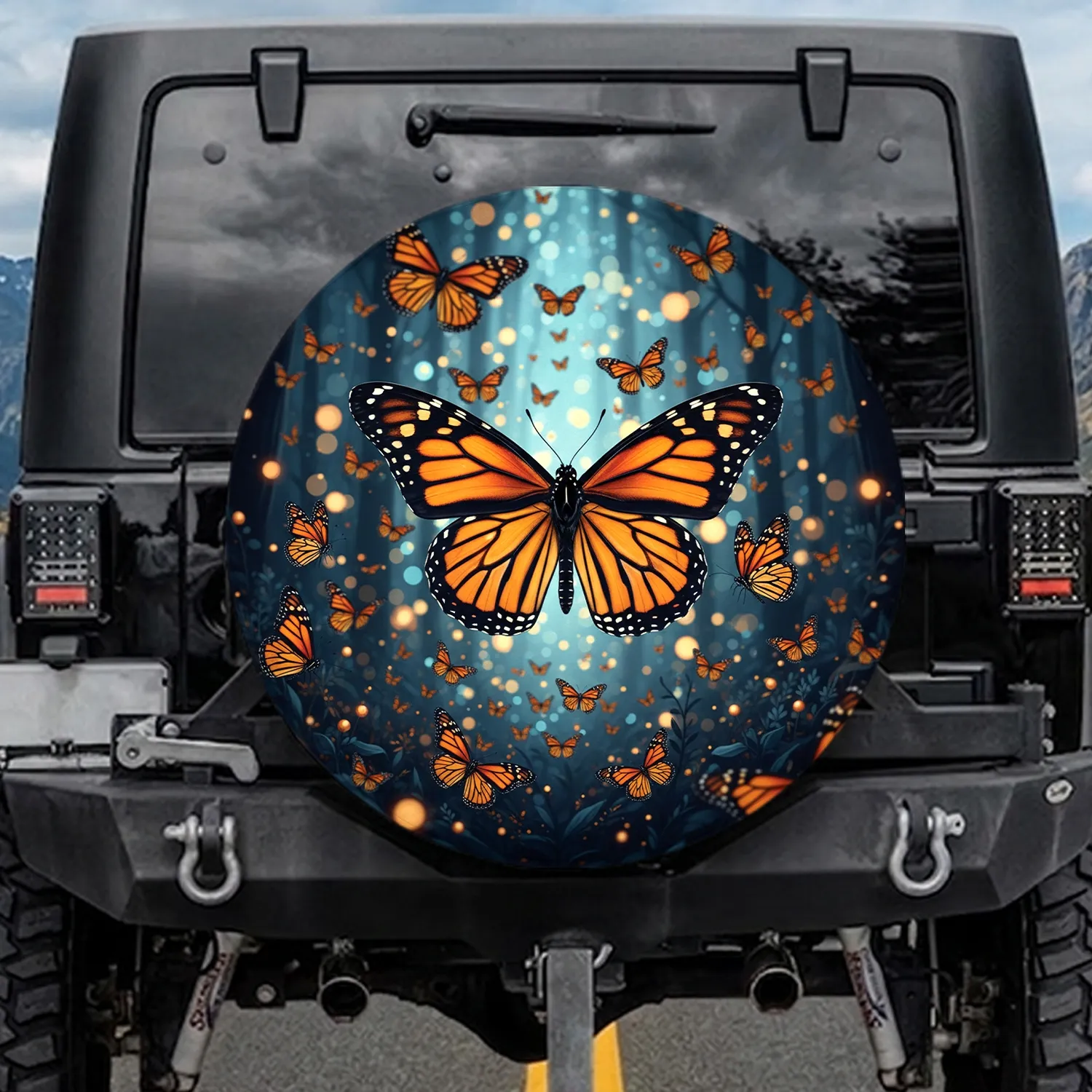 Monarch Butterfly Swarm Glowing Orbs Botanical Twilight Forest - Butterfly Lover Gift Spare Tire Cover - 1