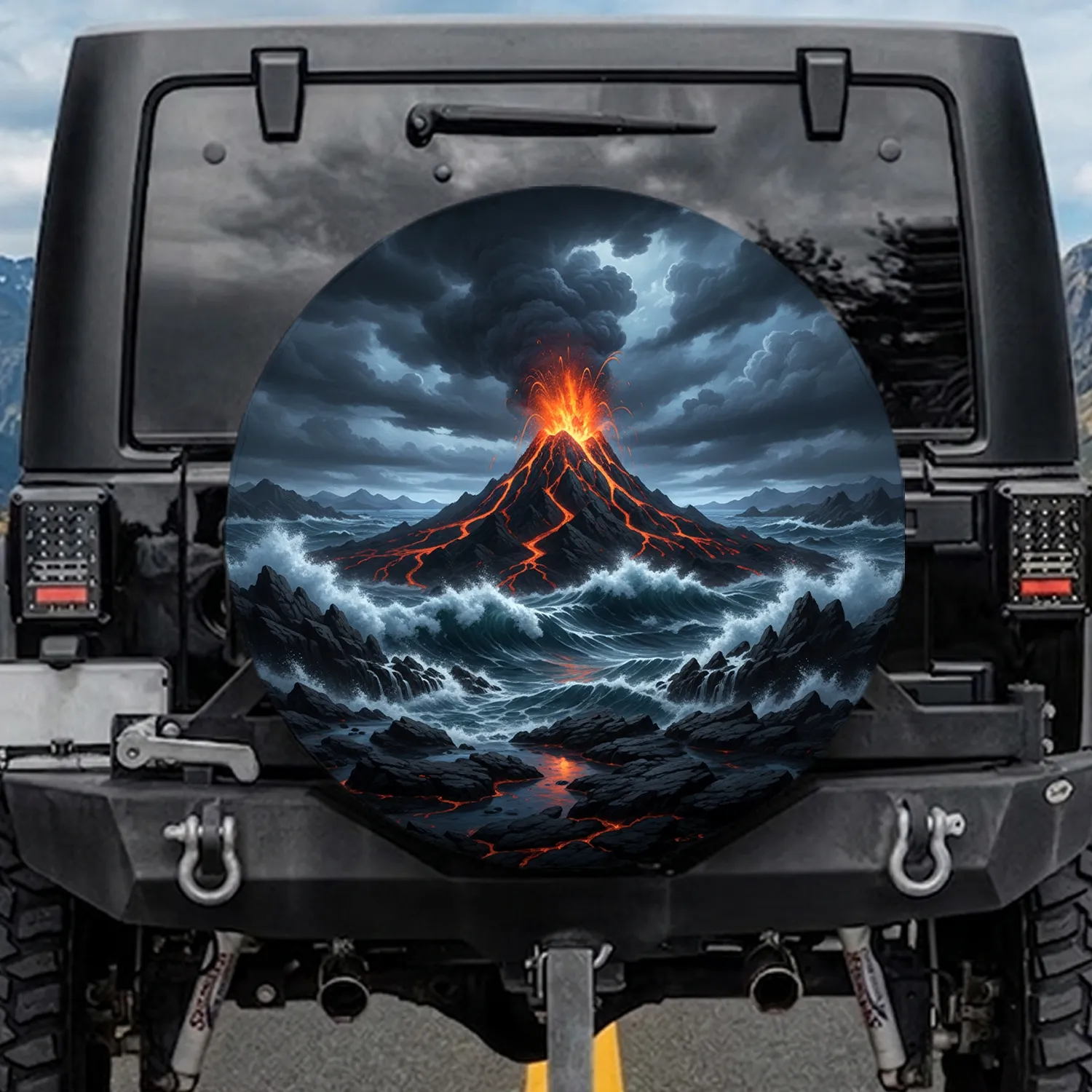 Erupting Volcano Lava Flow Jagged Rocks Ocean Storm - Home Decor Gift Spare Tire Cover - 1