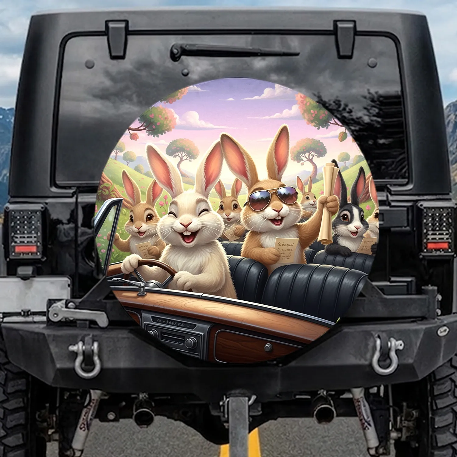 Anthropomorphic Rabbits Road Trip Journey Scene - Travel Essentials Gift Spare Tire Cover - 1