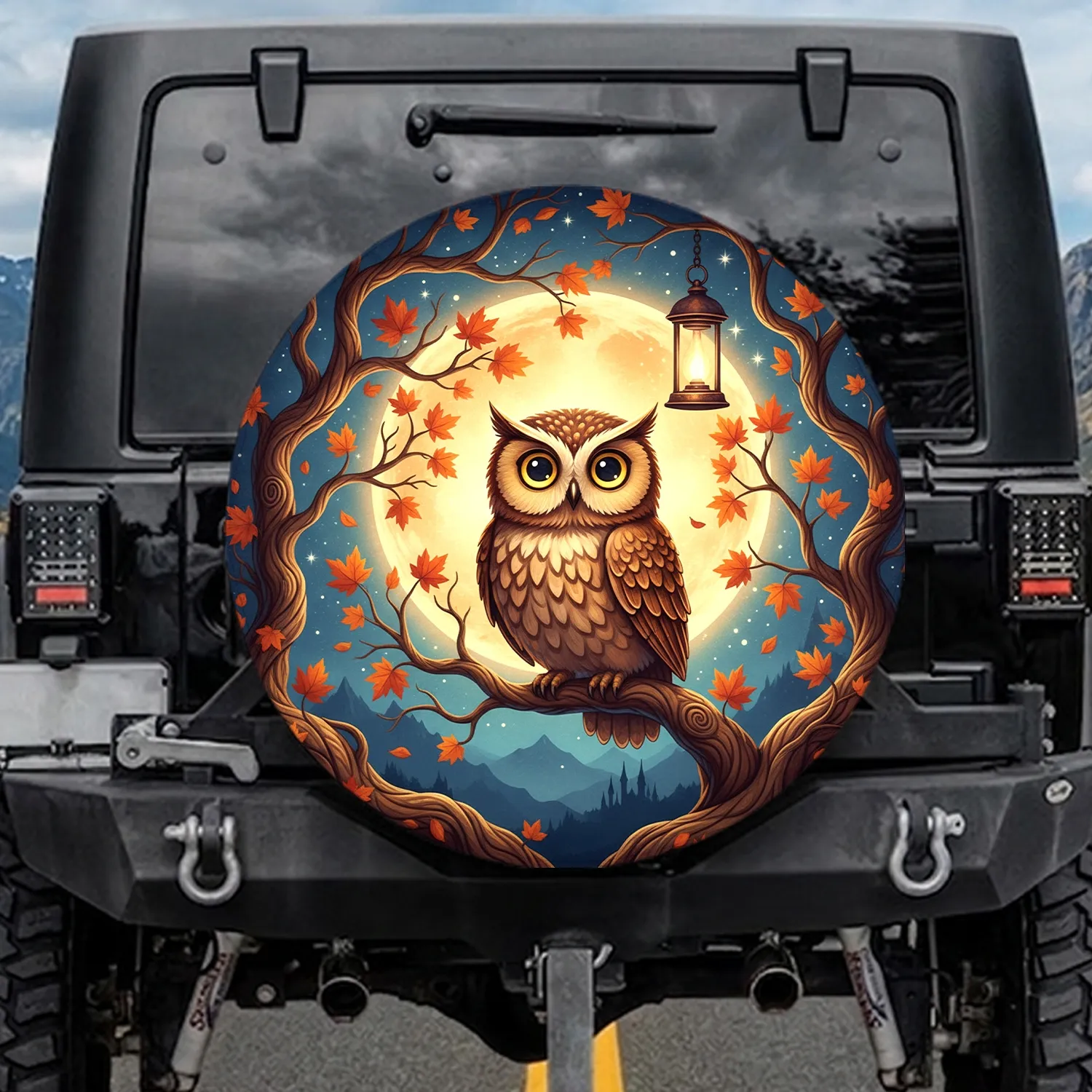 Owl on Gnarled Branch Full Moon Autumn Leaves - Nature Lover Gift Spare Tire Cover - 1