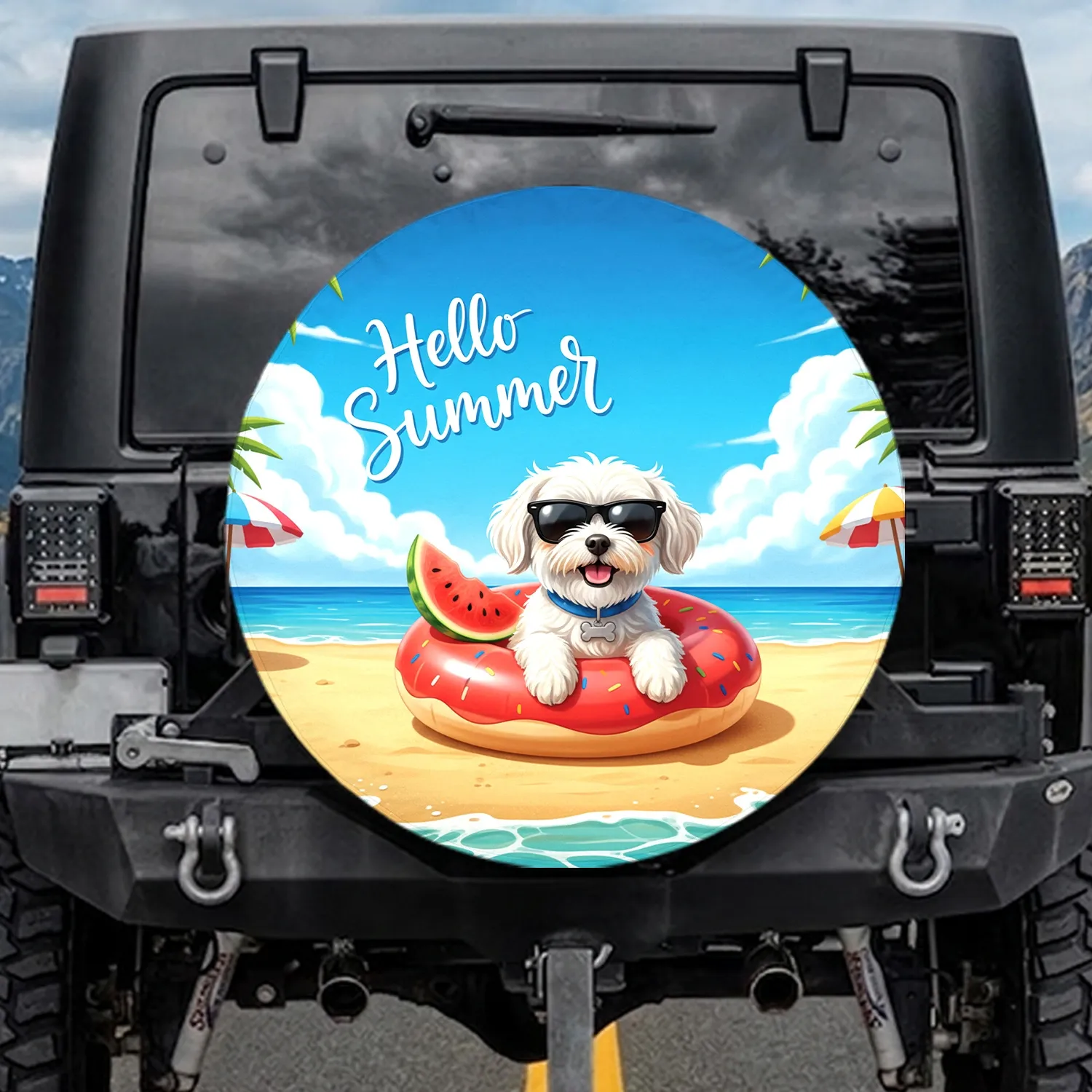 Maltese Dog Sunglasses Watermelon Swim Ring Beach Scene - Summer Holiday Vacation Spare Tire Cover - 1
