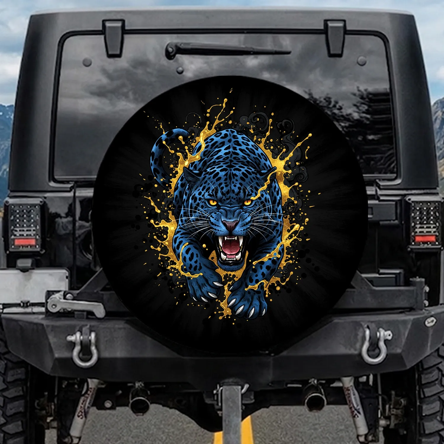 Snarling Blue Jaguar Gold Splatters - Wildlife Lover Gift Spare Tire Cover - 1
