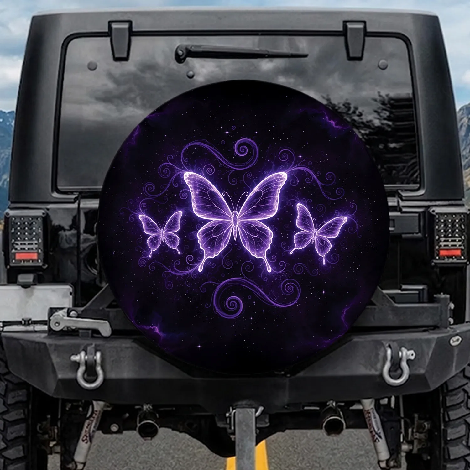 Purple Glowing Butterflies Cosmic Energy Swirls Home Decor Gift for Nature Lovers Spare Tire Cover - 1