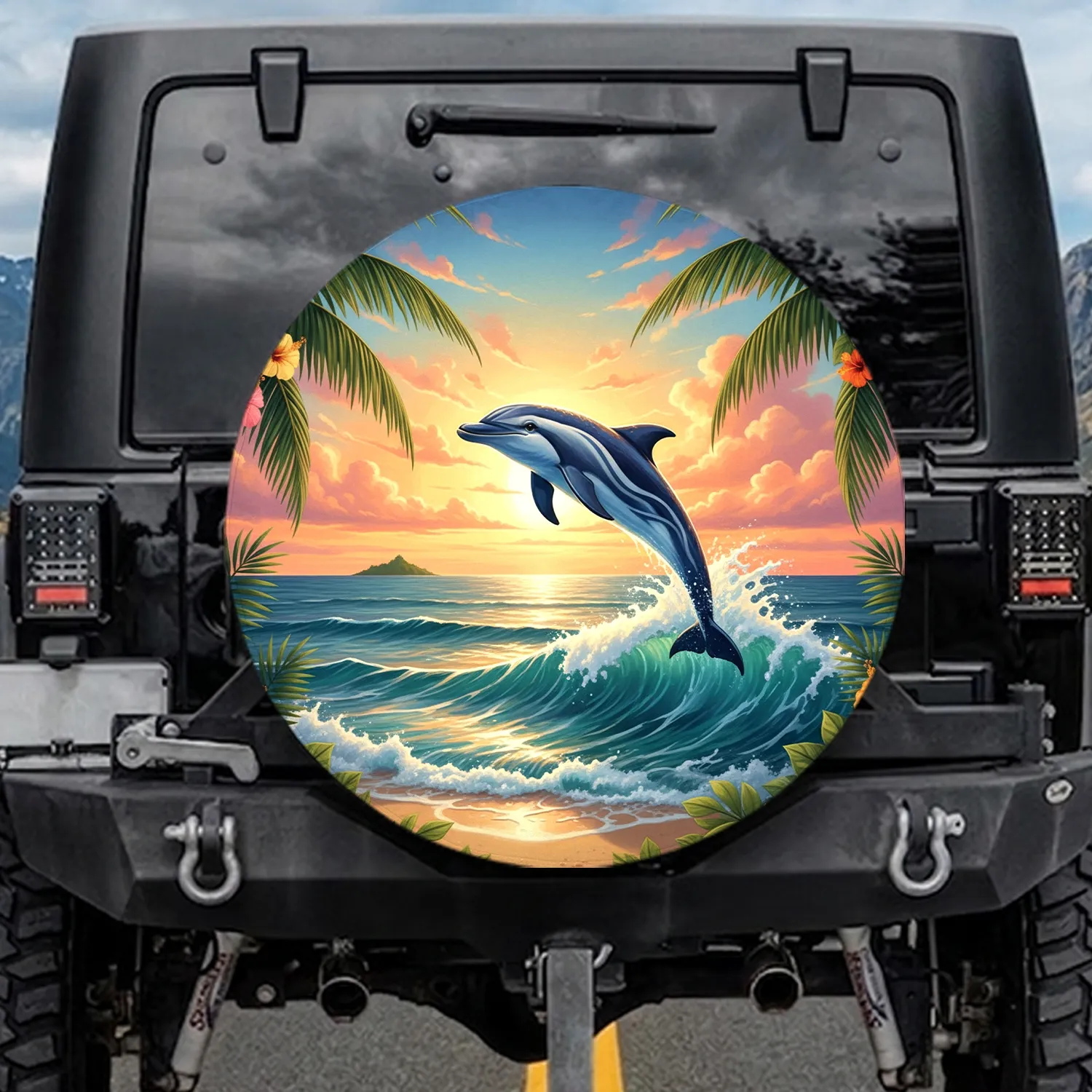 Striped Dolphin Ocean Wave Hibiscus Palm Sunset - Travel Essentials Gift Spare Tire Cover - 1