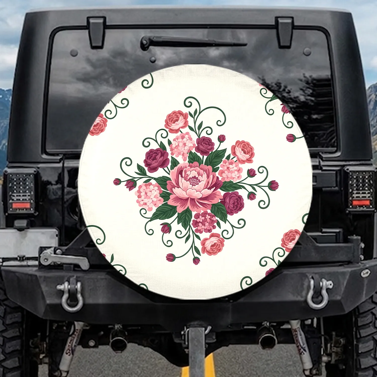 Folk Art Blush Pink Rose Plum Floral Blooms Leaves - Home Decor Gift Spare Tire Cover - 1