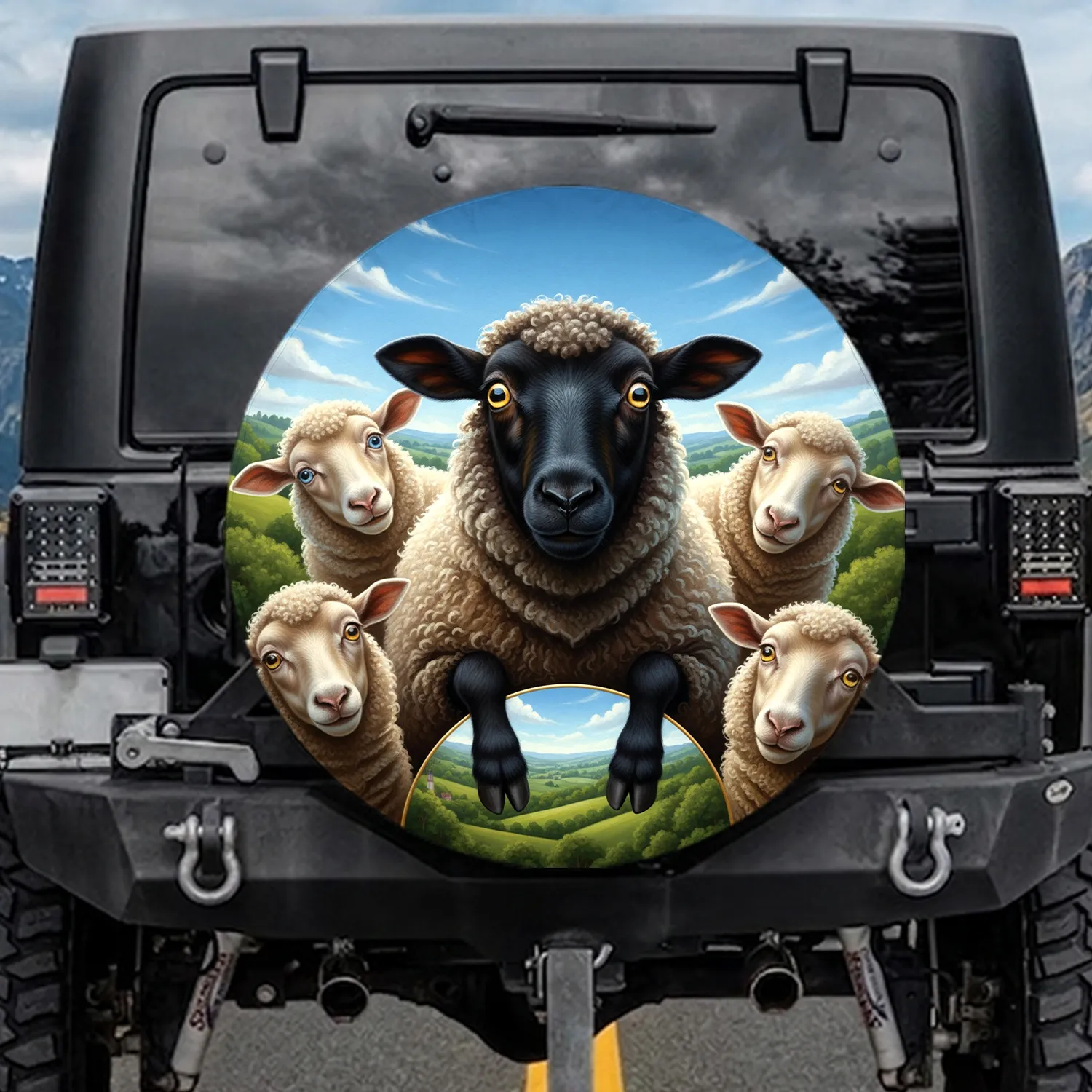 Shaggy Sheep Flock Outdoor Landscape - Farmhouse Home Decor Gift Spare Tire Cover - 1