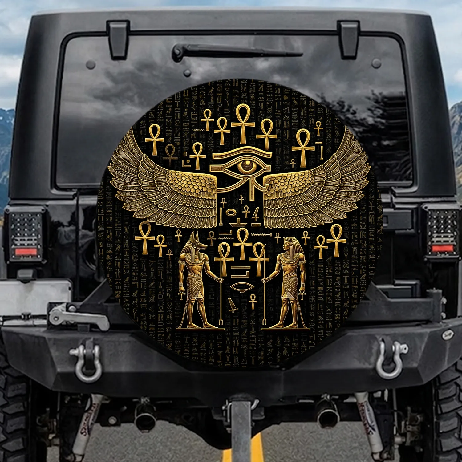 Golden Winged Eye Ra Anubis Pharaoh Ankh - Ancient Egypt Travel Essentials Spare Tire Cover - 1