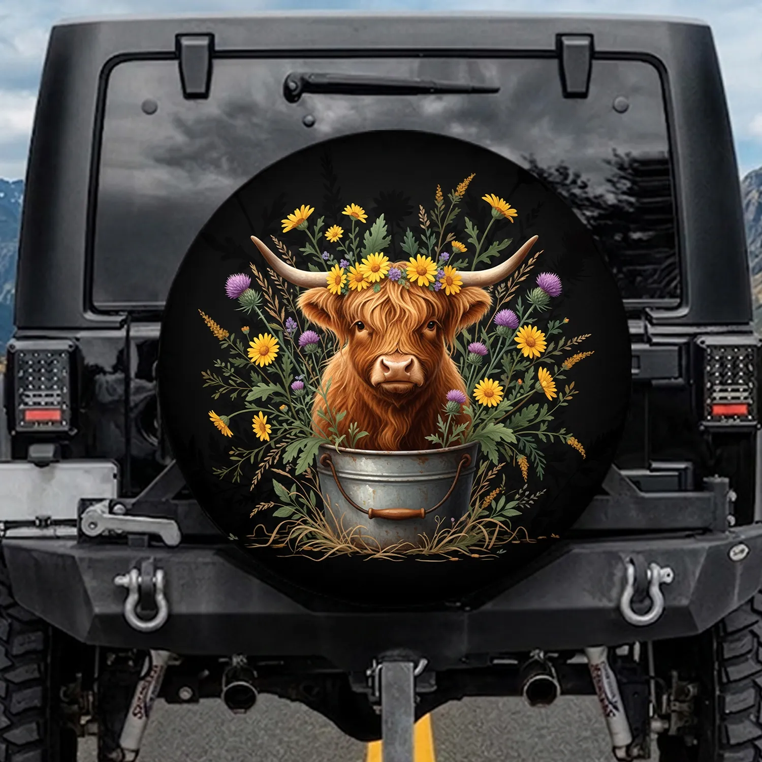 Highland Cow Wildflower Meadow Farmhouse Decor Gift for Cow Lover Spare Tire Cover - 1