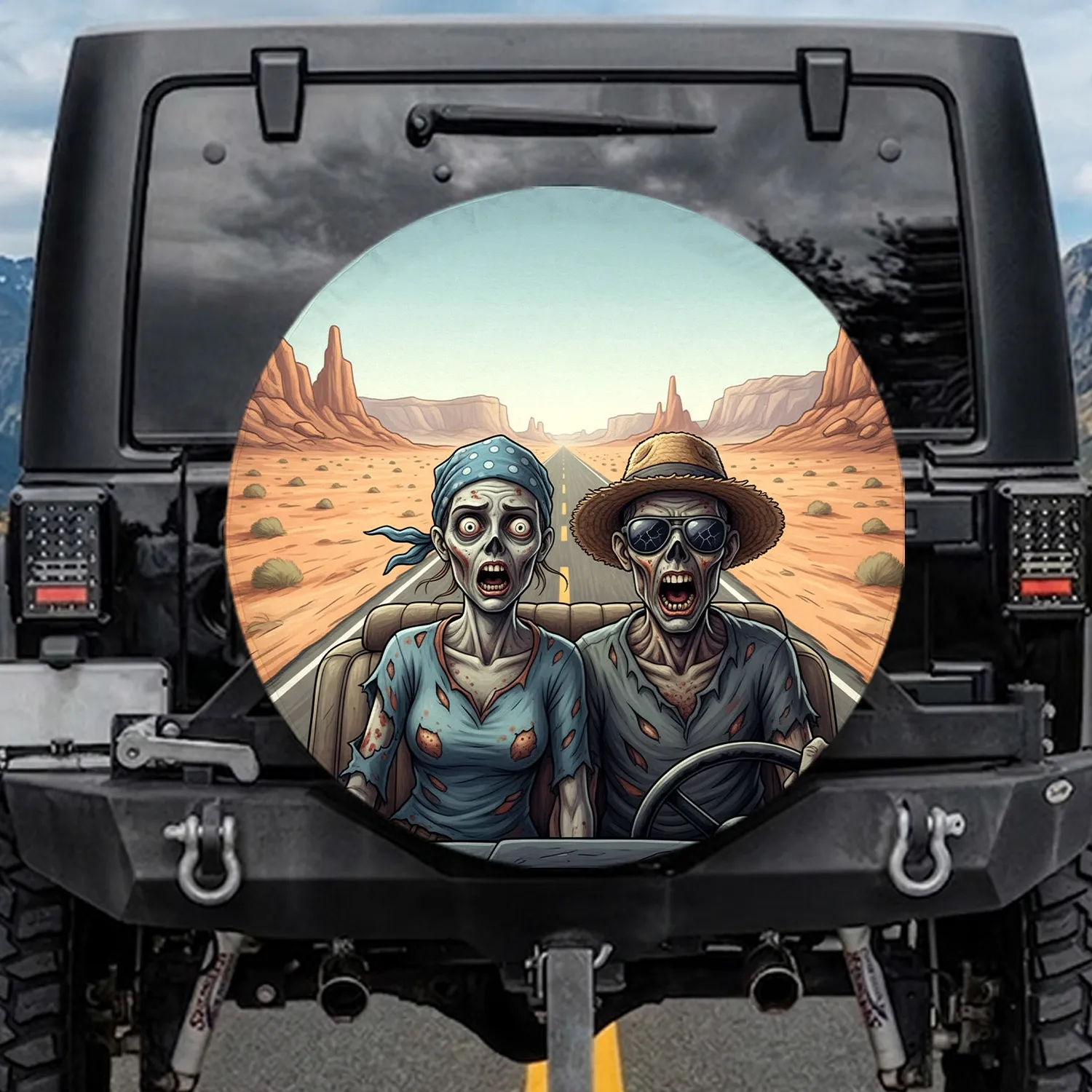 Desert Zombie Couple Adventure Travel Gift for Horror Fans Spare Tire Cover - 1